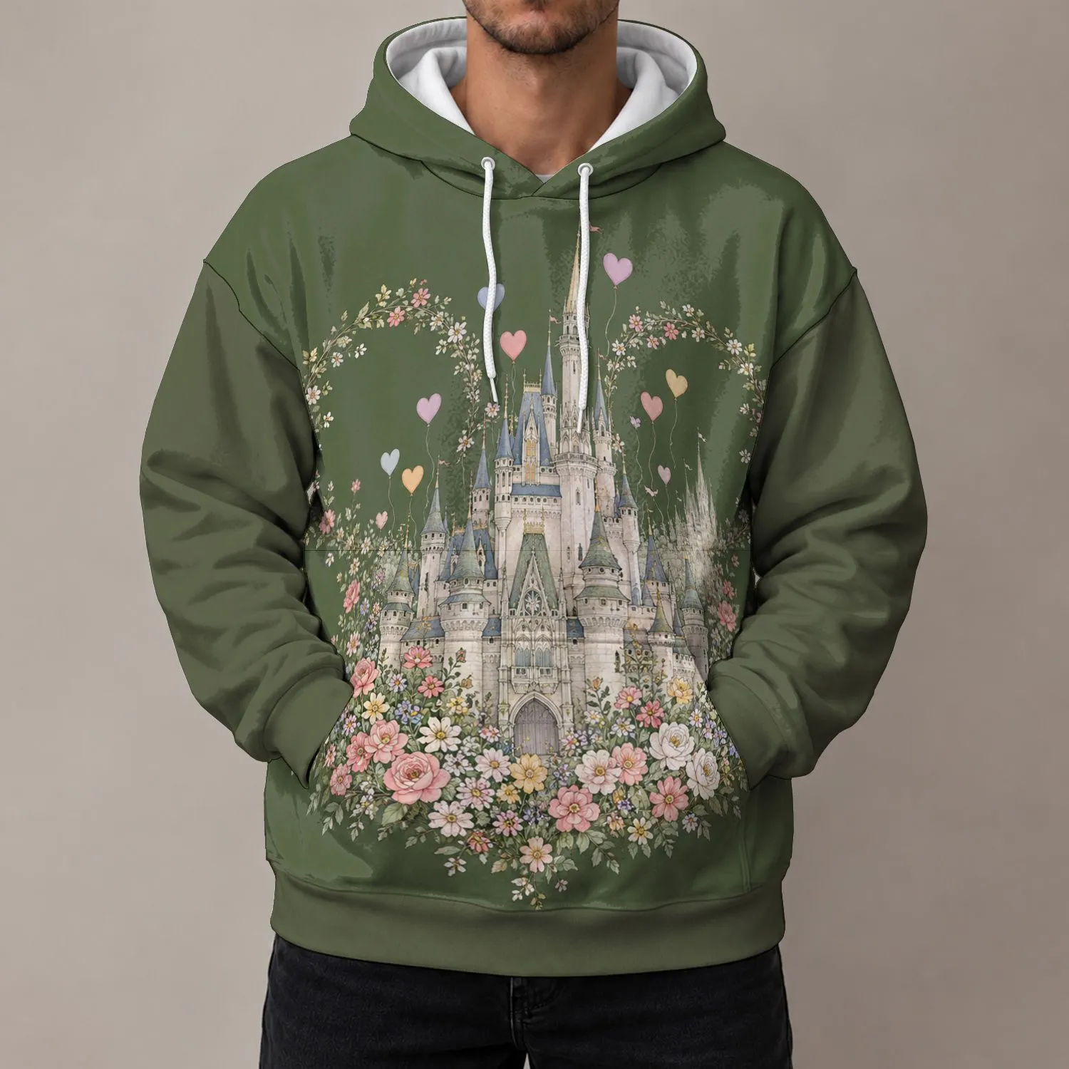 Pastel Fairytale Castle and Heart Balloons for Valentine Celebrations All-over Print Hoodie (Lightweight) - 1