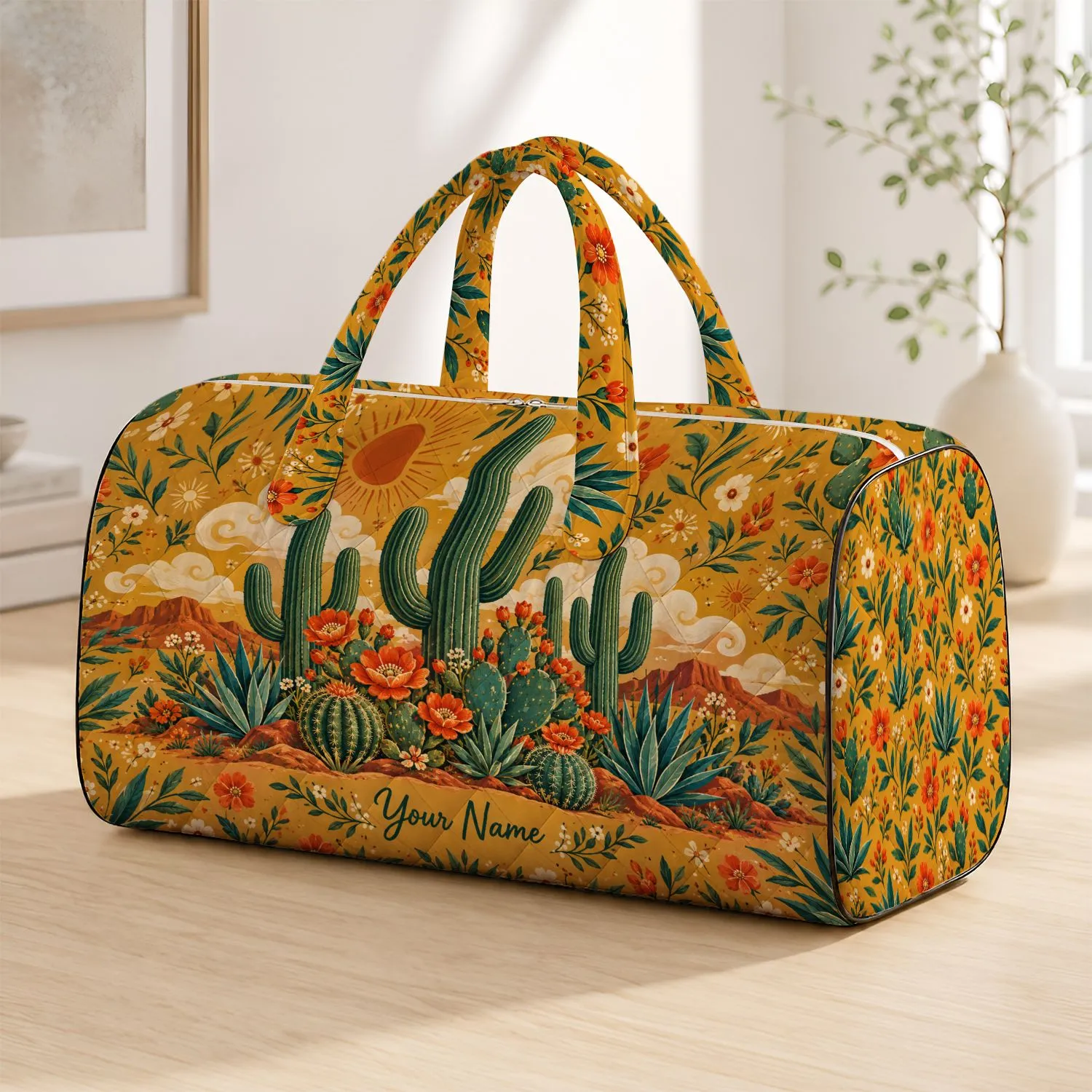 Desert Cactus and Wildflower Motifs for Sunny Beach Days and Weekend Getaway Travel Quilted Weekend Bag - 1