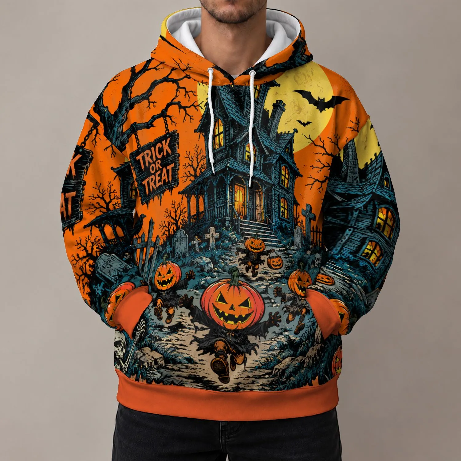 Haunted House And Running Pumpkin Characters For Halloween Night Celebrations Season All-over Print Hoodie (Lightweight) - 1