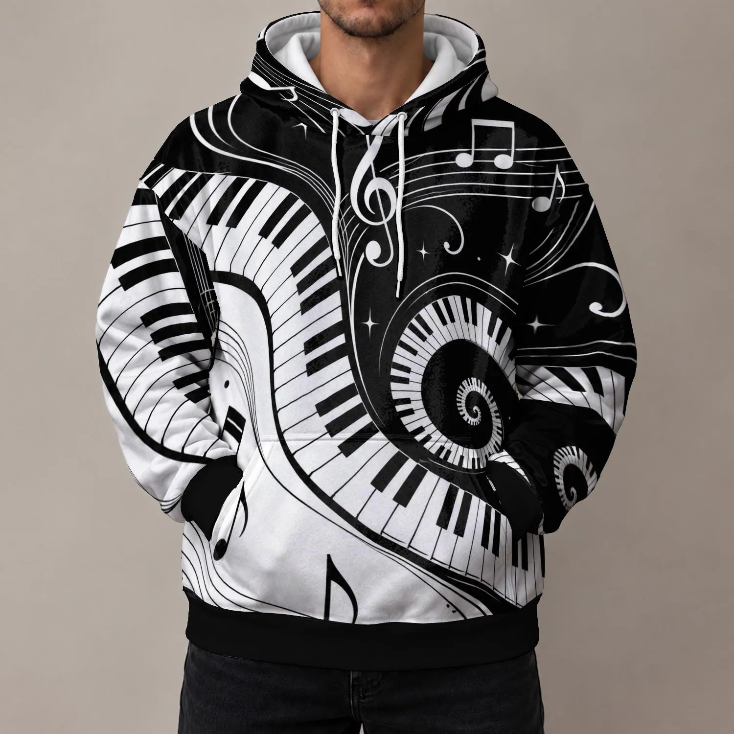 Black And White Piano Keys For Music Lovers, Rehearsals And Everyday Casual Wear All-over Print Hoodie (Lightweight) - 1