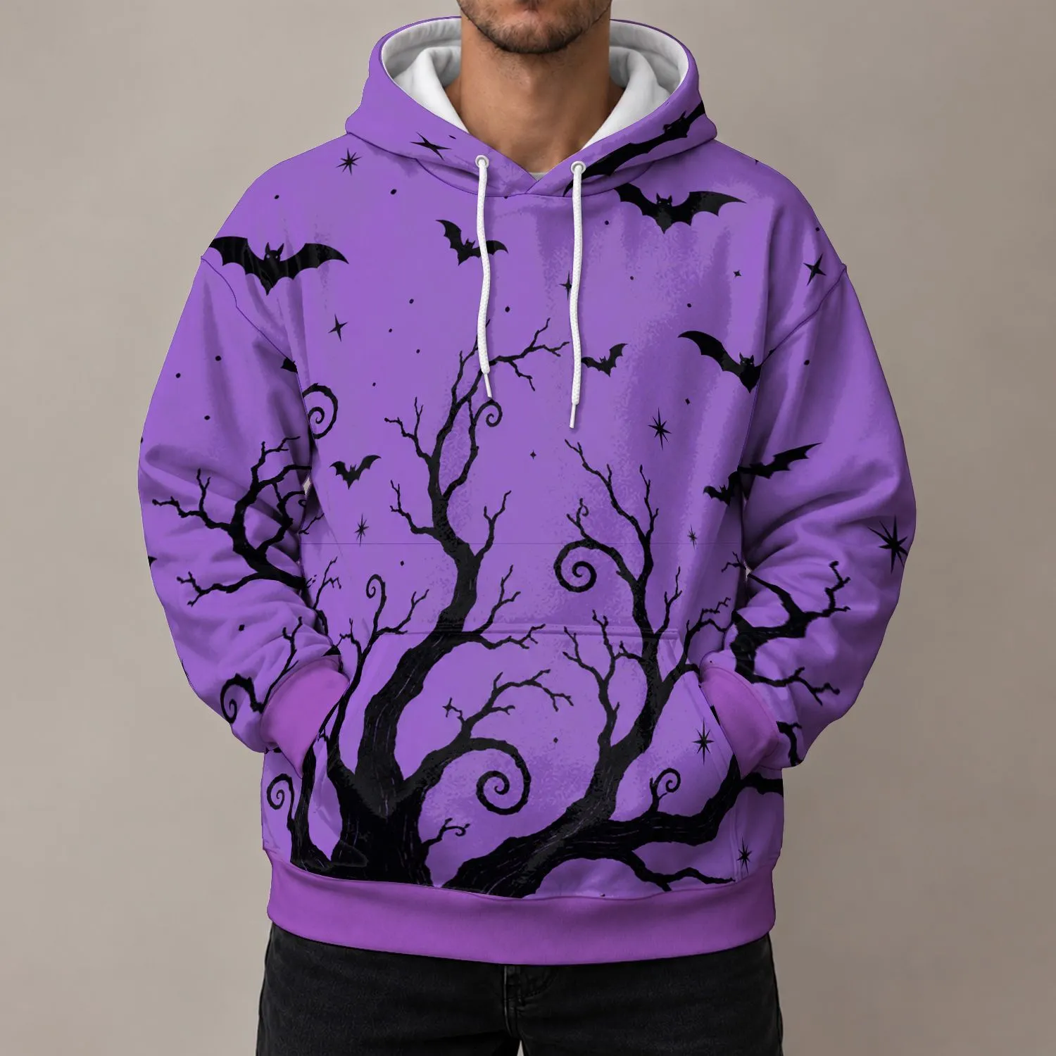 Purple Halloween Tree And Bat Scene For Spooky Autumn Night Celebrations And Parties All-over Print Hoodie (Lightweight) - 1