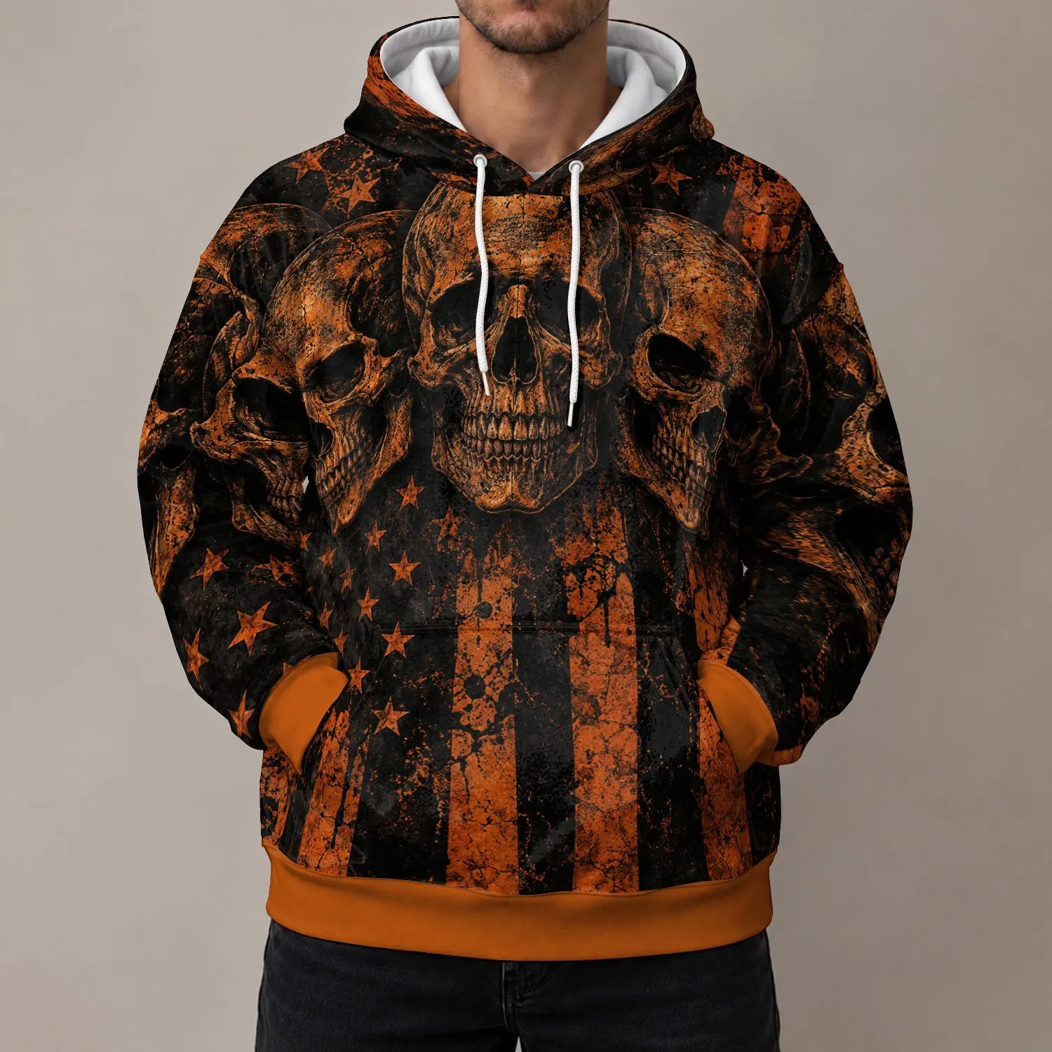 Orange-Brown Skull and Star Stripes for Rugged Commutes and Outdoor Weekend Wear All-over Print Hoodie (Lightweight) - 1