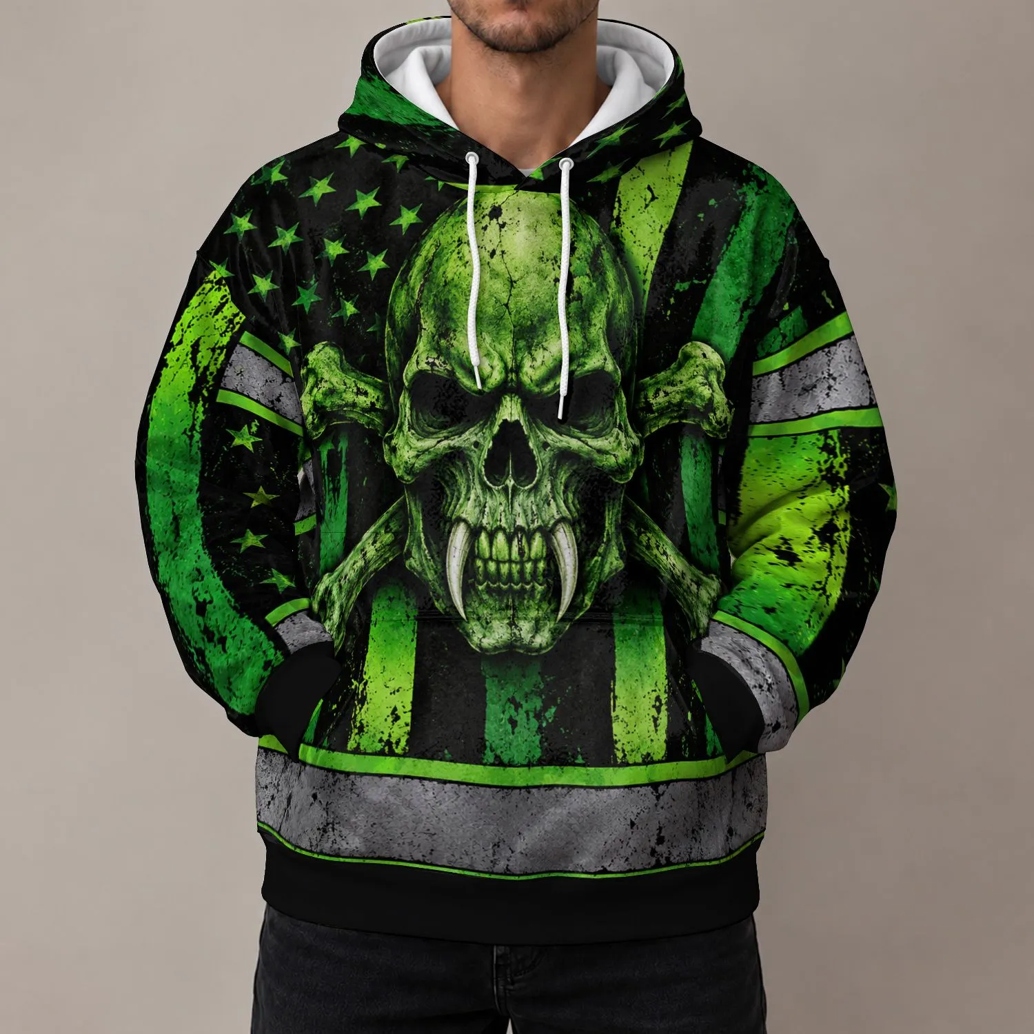 Fanged Green Skull and Crossbones for Workwear Style and Bold Everyday Outdoor Wear All-over Print Hoodie (Lightweight) - 1