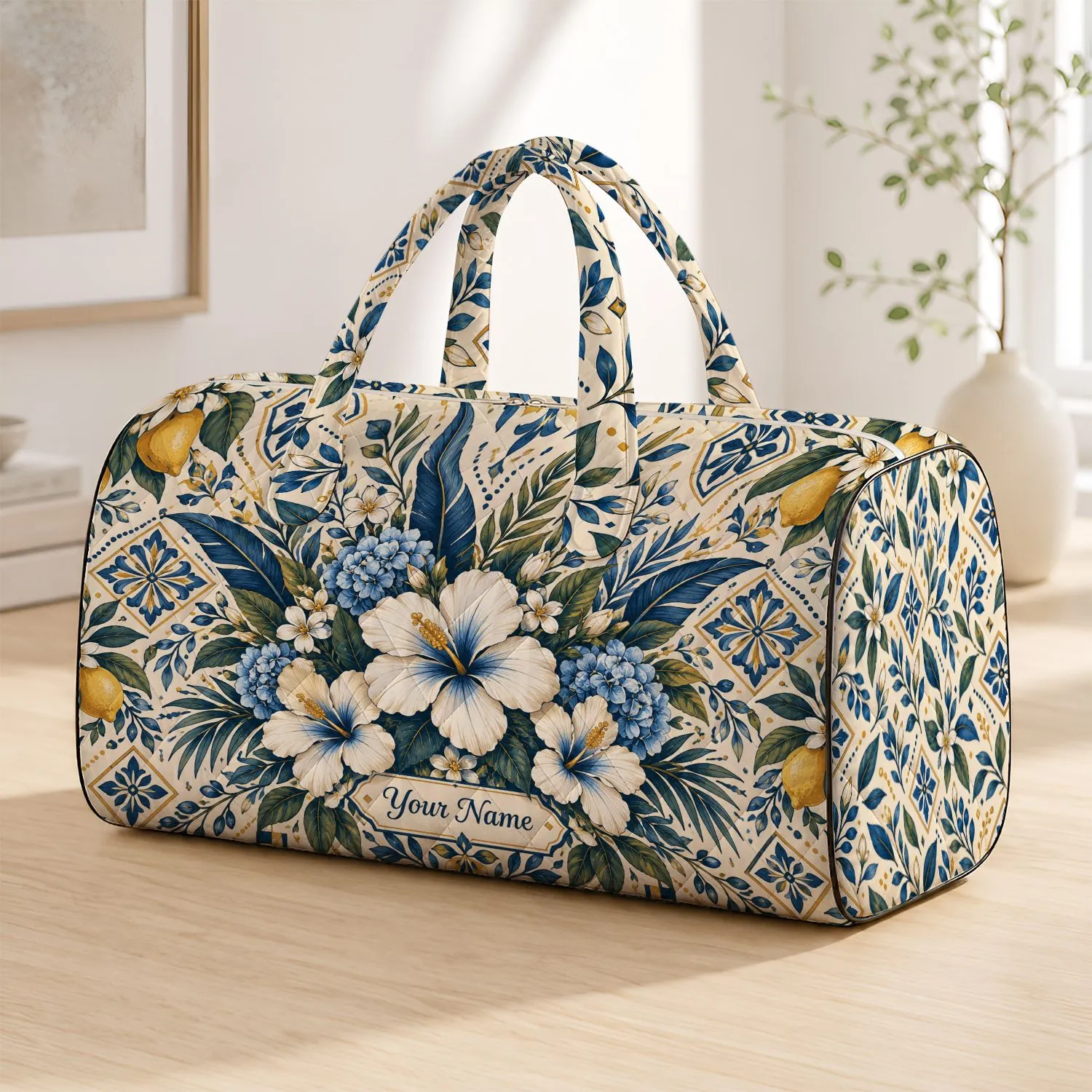 Coastal Botanical Geometric Motifs For Relaxed Weekend Getaways And Resort Escapes Quilted Weekend Bag - 1