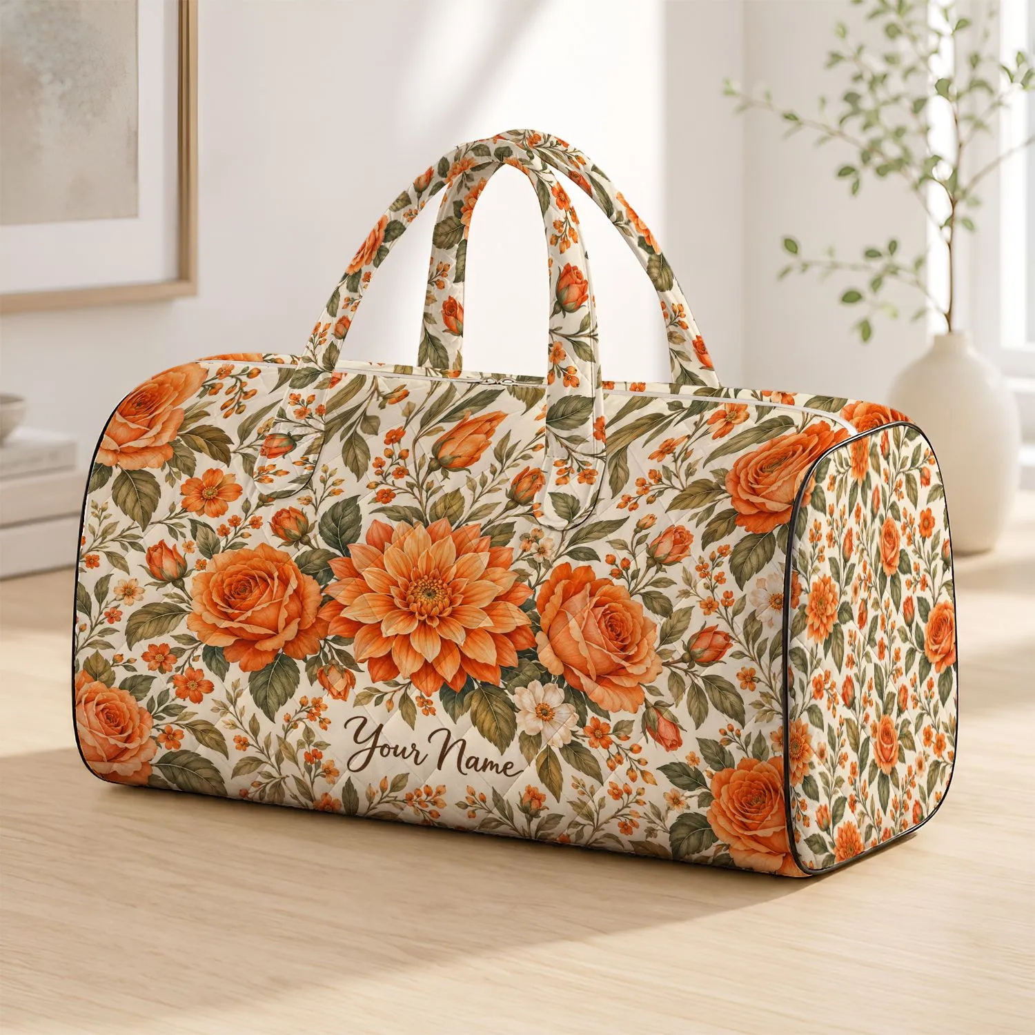 Apricot Roses and Botanical Leaves for Sunny Coastal Getaways and Relaxed Travel Days Quilted Weekend Bag - 1
