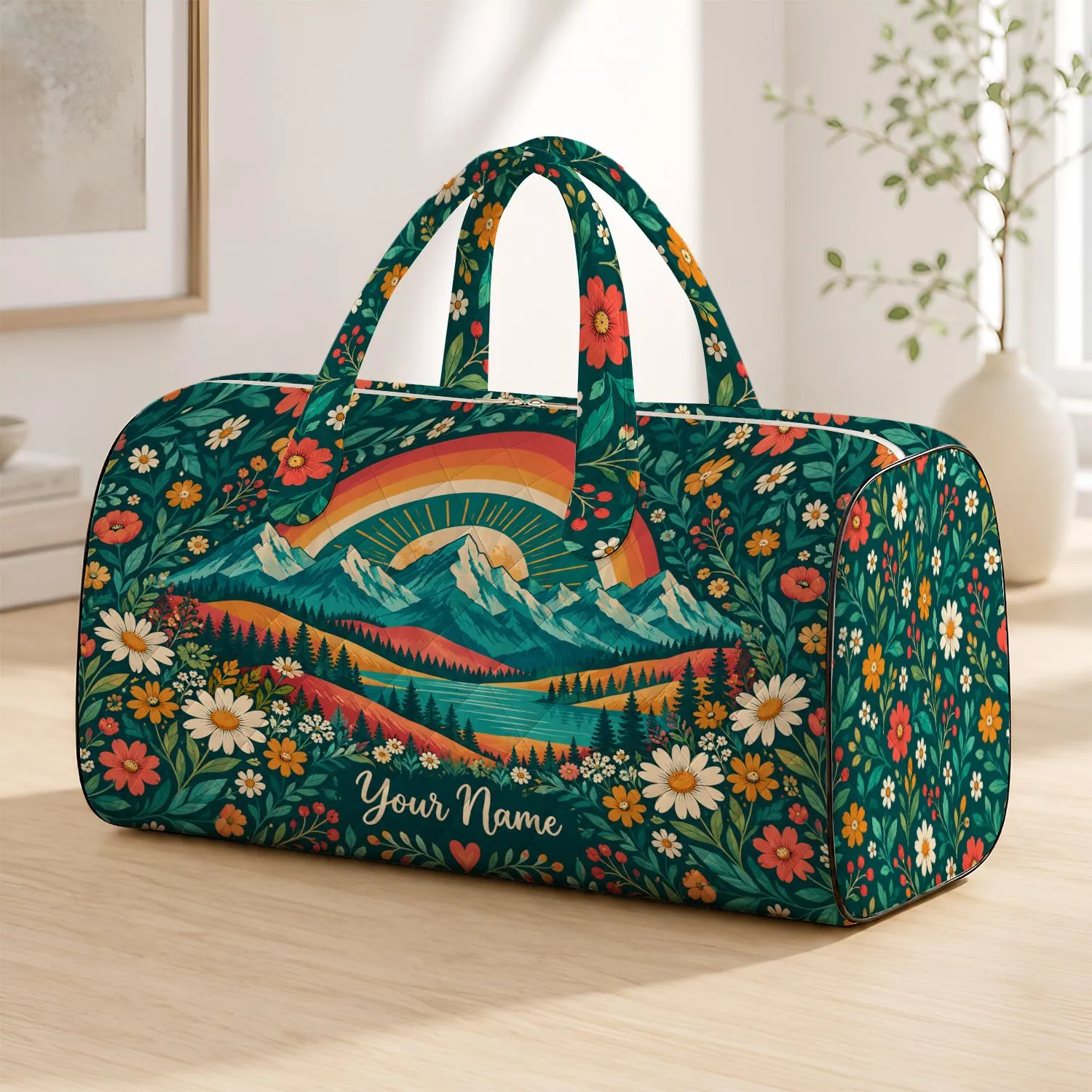 Bohemian Mountain Rainbow and Wildflowers for Road Trips, Camping and Beach Escapes Quilted Weekend Bag - 1