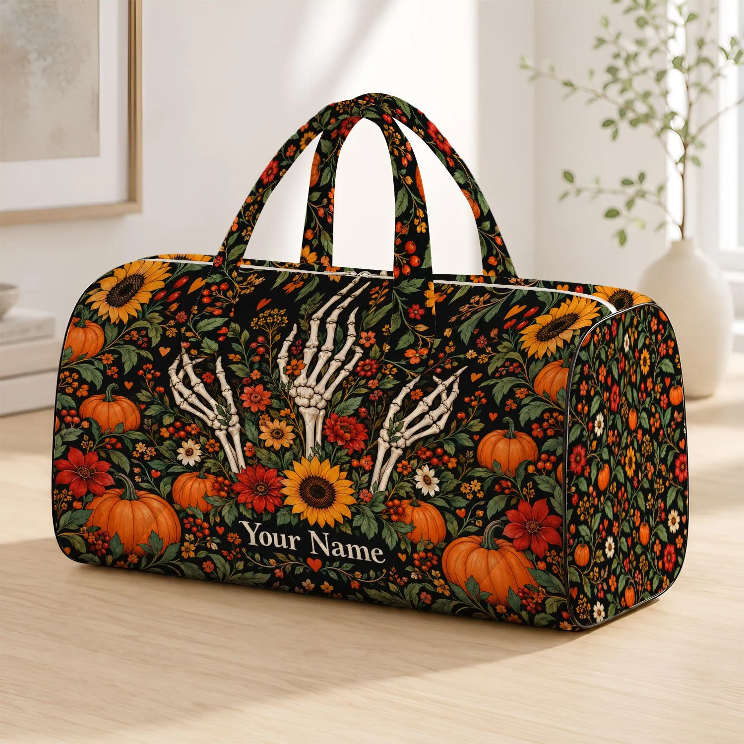 Autumn Skeleton Hands Pumpkins and Wildflowers for Halloween Getaways and Fall Travel Quilted Weekend Bag - 1