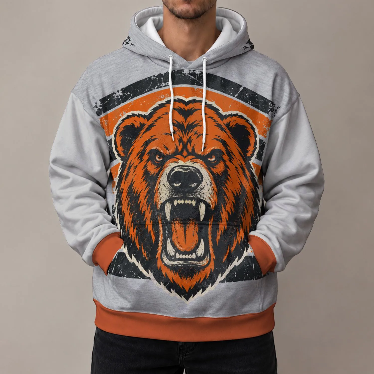Roaring Bear Head And Distressed Orange Stripes For Game Day Spirit And Tailgate Style All-over Print Hoodie (Lightweight) - 1