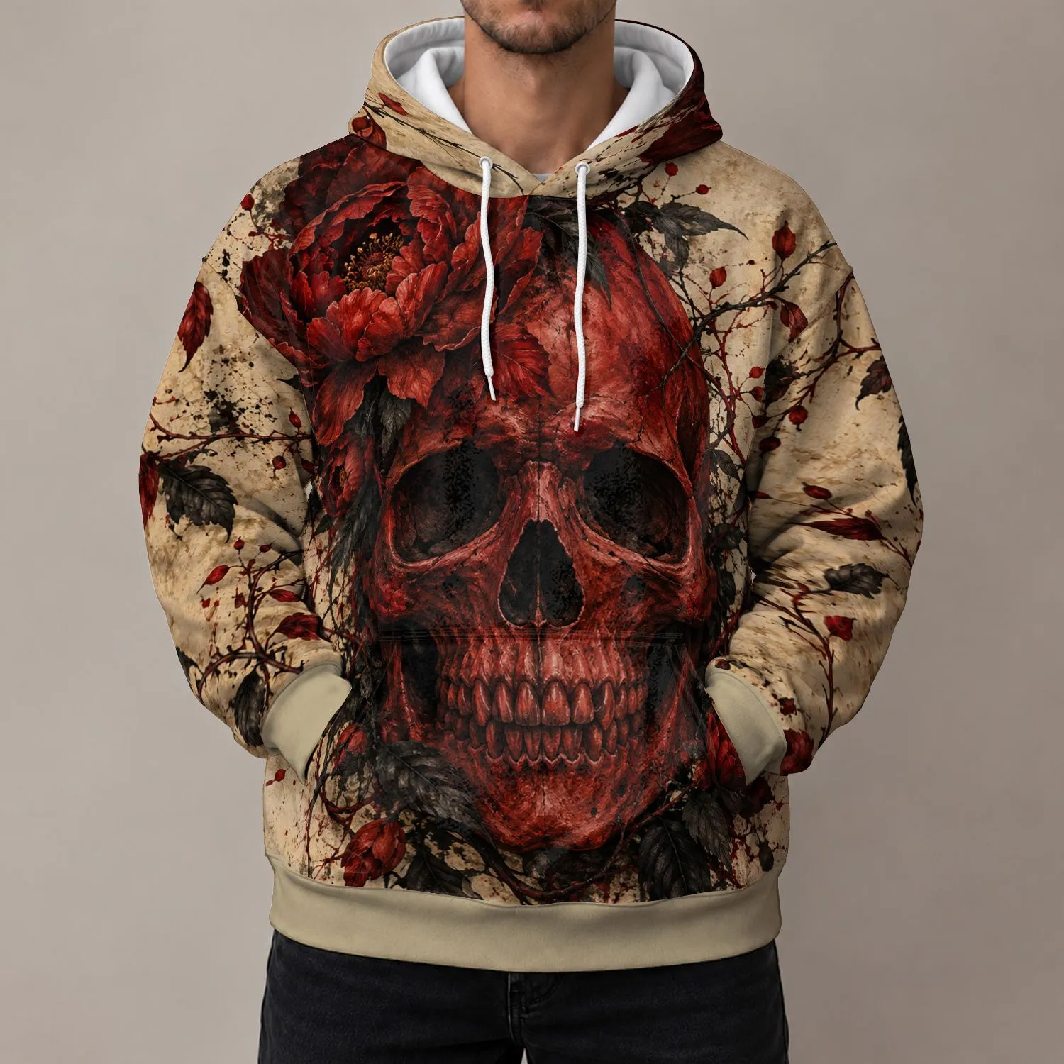 Gothic Crimson Skull and Roses for Concert Nights and Alternative Streetwear Fans All-over Print Hoodie (Lightweight) - 1
