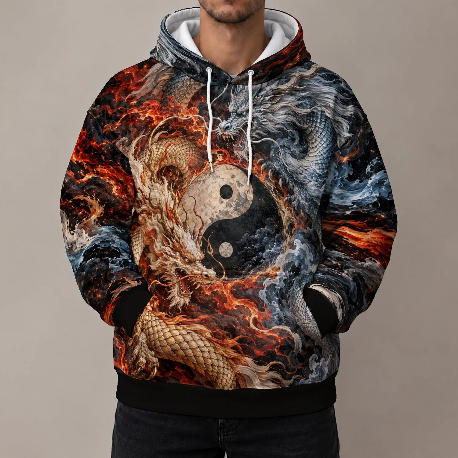 Twin Dragon Yin Yang Art for Festivals and Everyday Wear, Asian Mythic Style All-over Print Hoodie (Lightweight) - 1