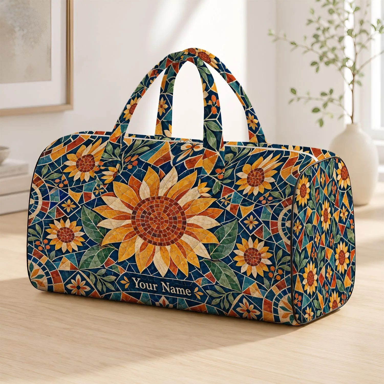 Mosaic Sunflowers and Geometric Tiles for Sunny Beach Days and Relaxed Weekend Getaways Quilted Weekend Bag - 1
