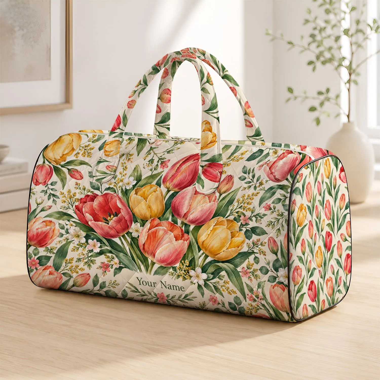 Watercolor Tulips and Green Leaves for Sunny Beach Getaways and Spring Travel Days Quilted Weekend Bag - 1