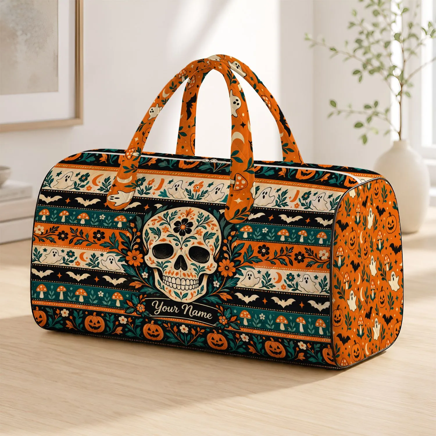 Halloween Skull and Pumpkin Stripes for Spooky Season Getaways and Autumn Travel Quilted Weekend Bag - 1
