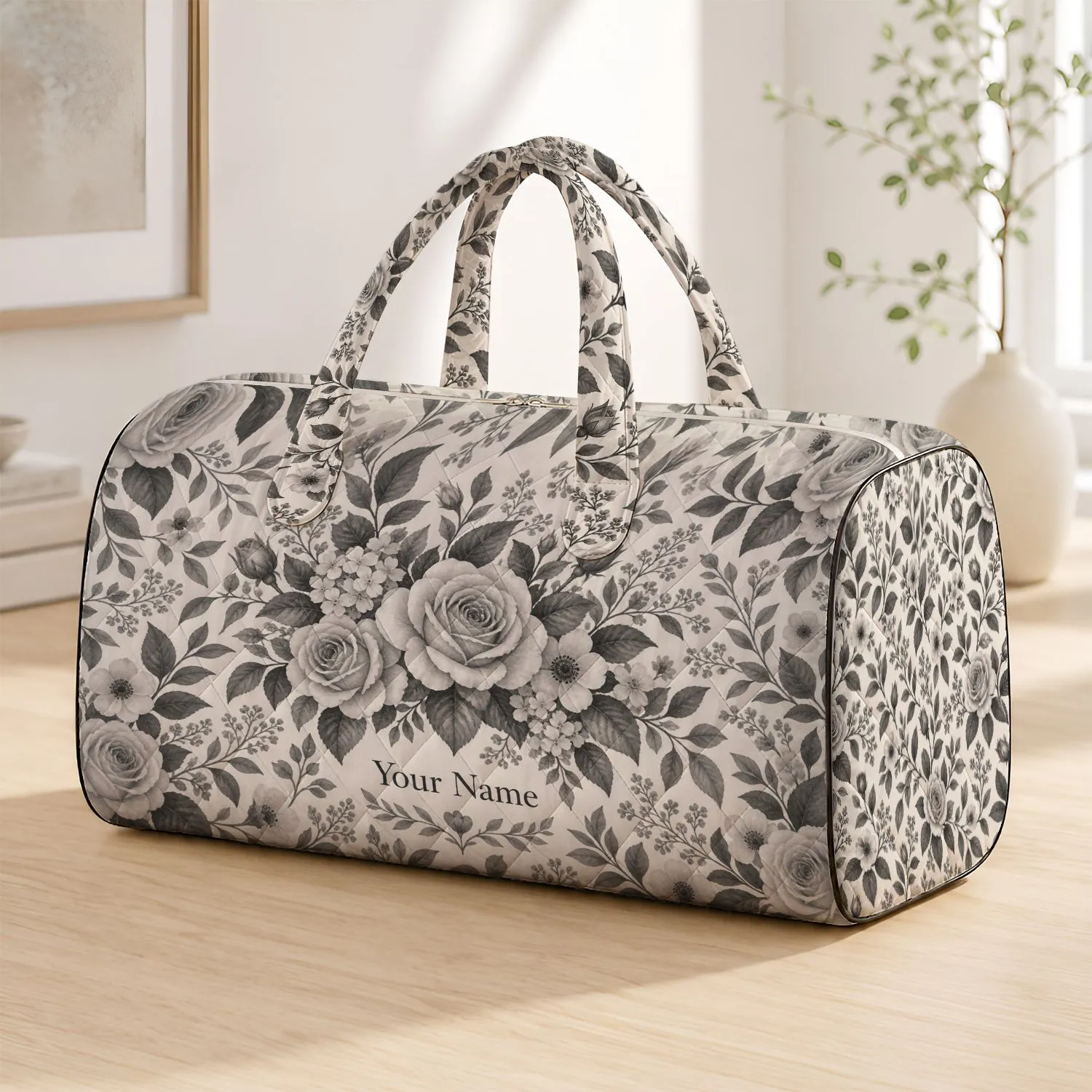 Monochrome Rose And Botanical Blooms For Coastal Getaways And Relaxed Weekend Escapes Quilted Weekend Bag - 1