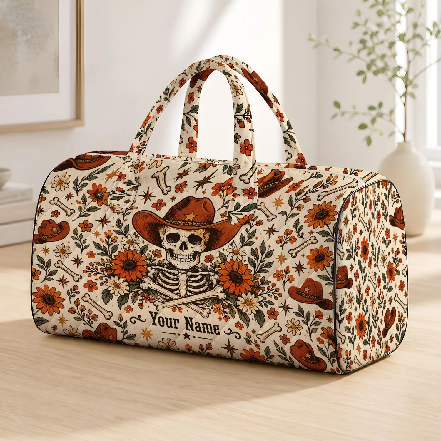 Cowboy Skeletons and Rust Wildflowers for Halloween Getaways and Autumn Adventures Quilted Weekend Bag - 1