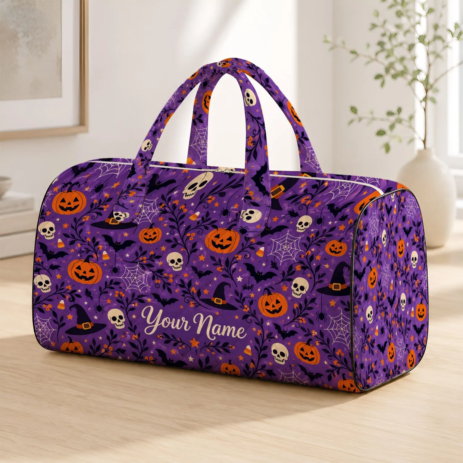 Halloween Bats Pumpkins Skulls and Witch Hats for Spooky Seasonal Travel Quilted Weekend Bag - 1