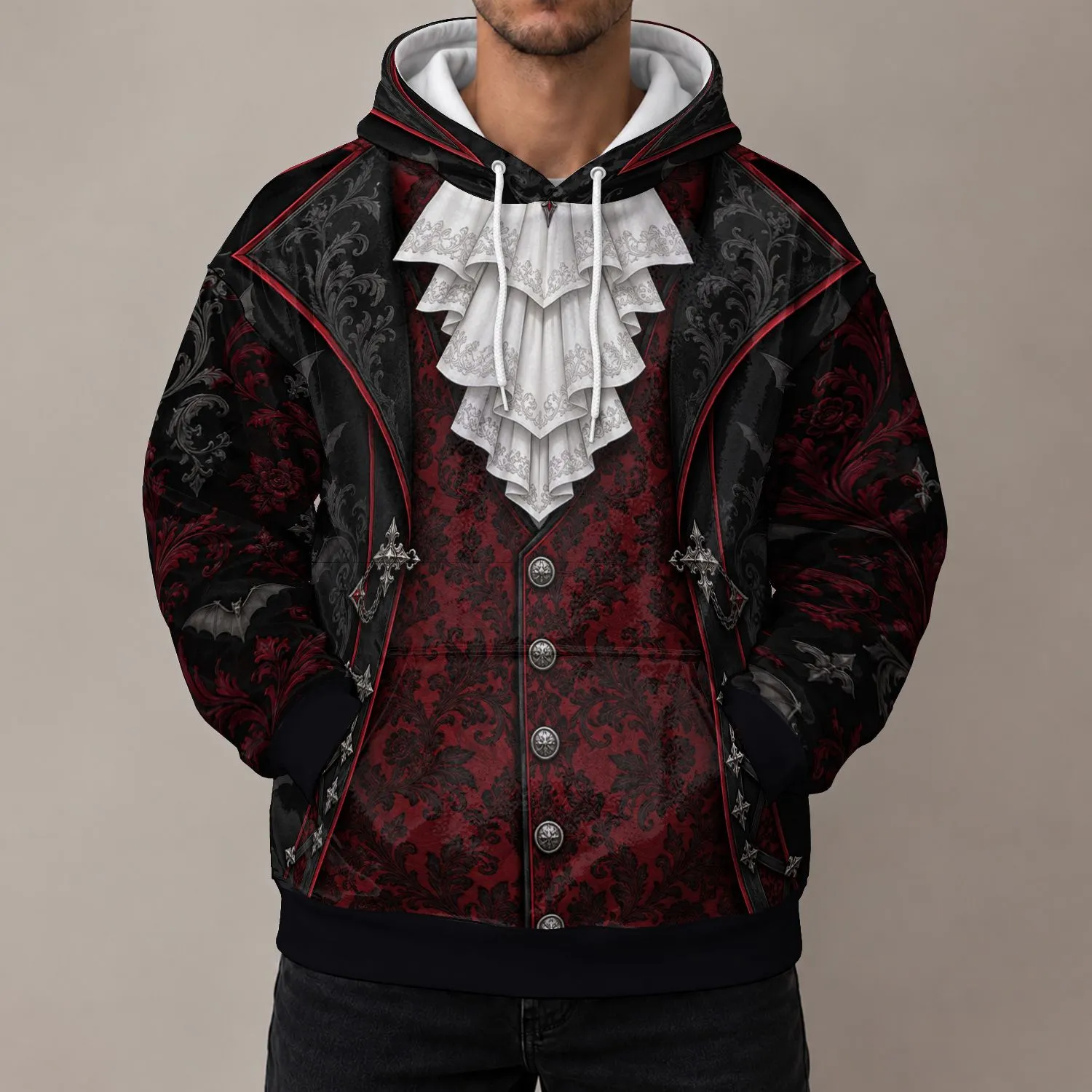 Gothic Vampire Vest Costume for Halloween Parties and Family Matching Celebrations All-over Print Hoodie (Lightweight) - 1