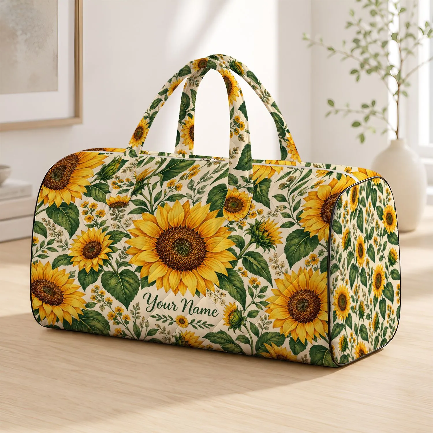 Golden Sunflowers and Green Leaves for Cheerful Camping, Beach Days, and Summer Travel Quilted Weekend Bag - 1