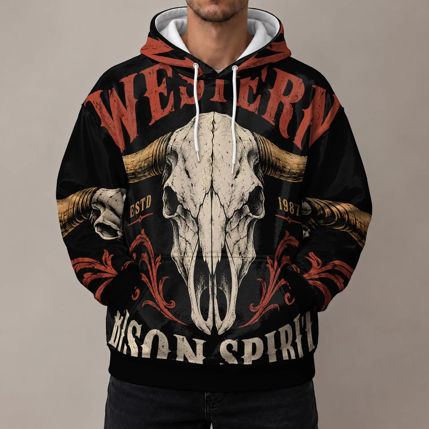 Western Bull Skull and Horns for Halloween Nights, Rodeo Weekends and Country Style Fans All-over Print Hoodie (Lightweight) - 1