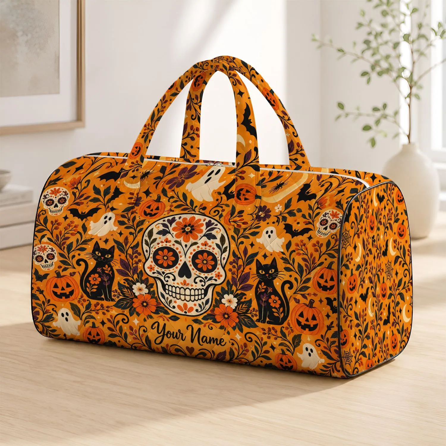 Halloween Skull, Pumpkin and Black Cat Motifs for Cozy Autumn Travel and Getaways Quilted Weekend Bag - 1