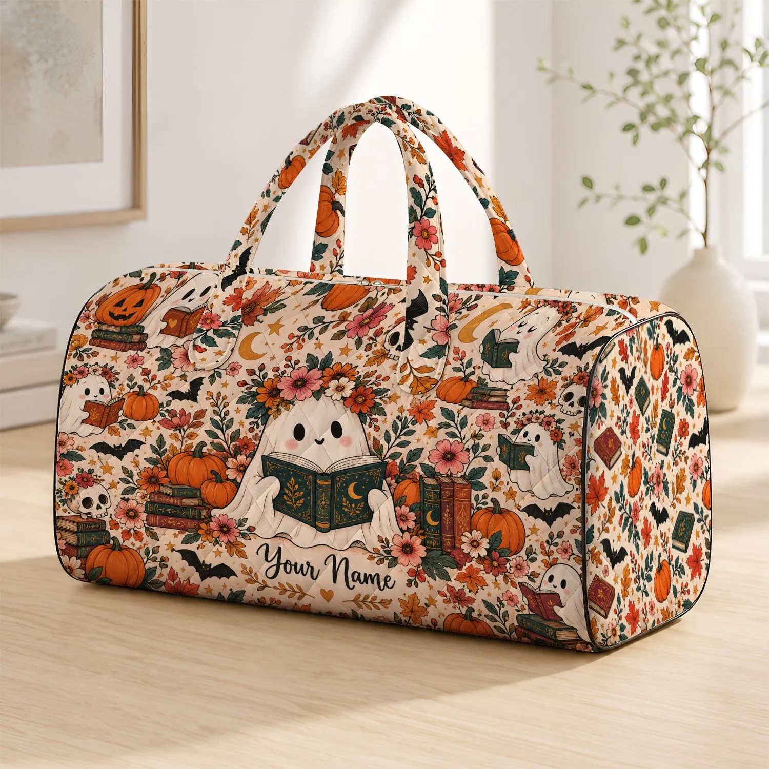 Bookish Ghosts and Pumpkins for Halloween Getaways and Cozy Autumn Weekends Quilted Weekend Bag - 1