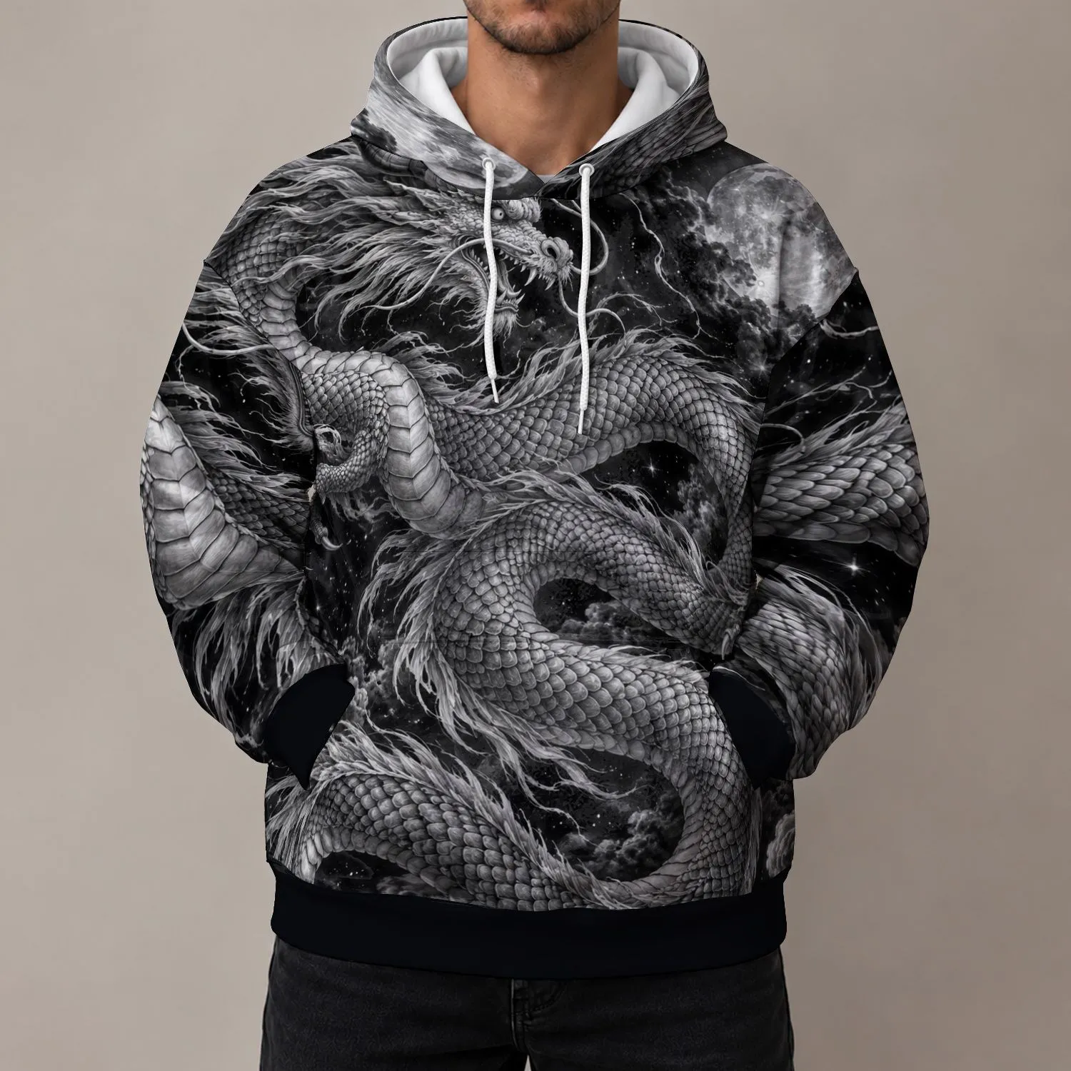 Silver Coiling Dragon Beneath a Starry Sky for Fantasy Nights and Bold Everyday Style All-over Print Hoodie (Lightweight) - 1