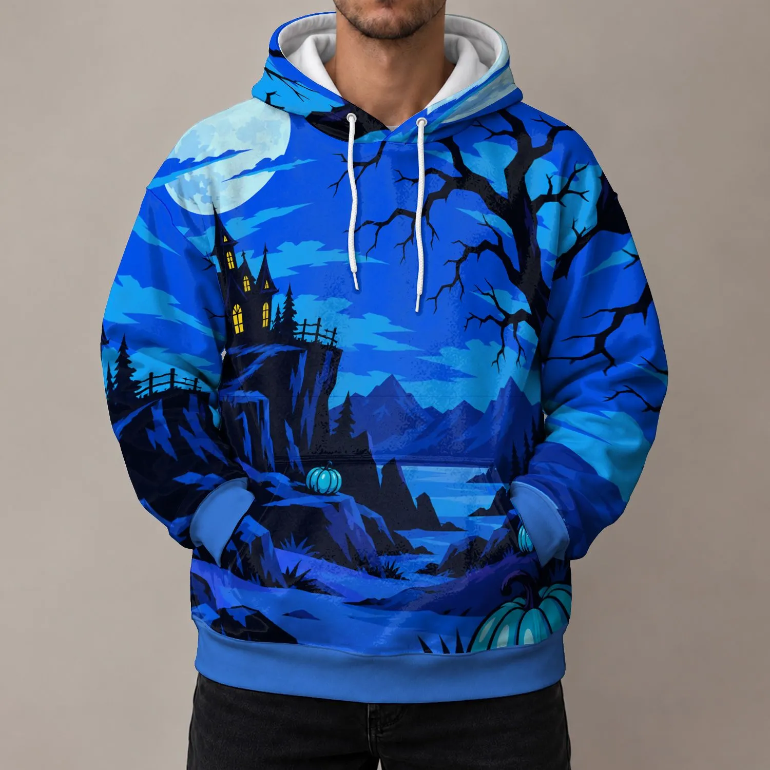 Haunted House, Bare Tree And Blue Pumpkins For Halloween Night Celebrations All-over Print Hoodie (Lightweight) - 1