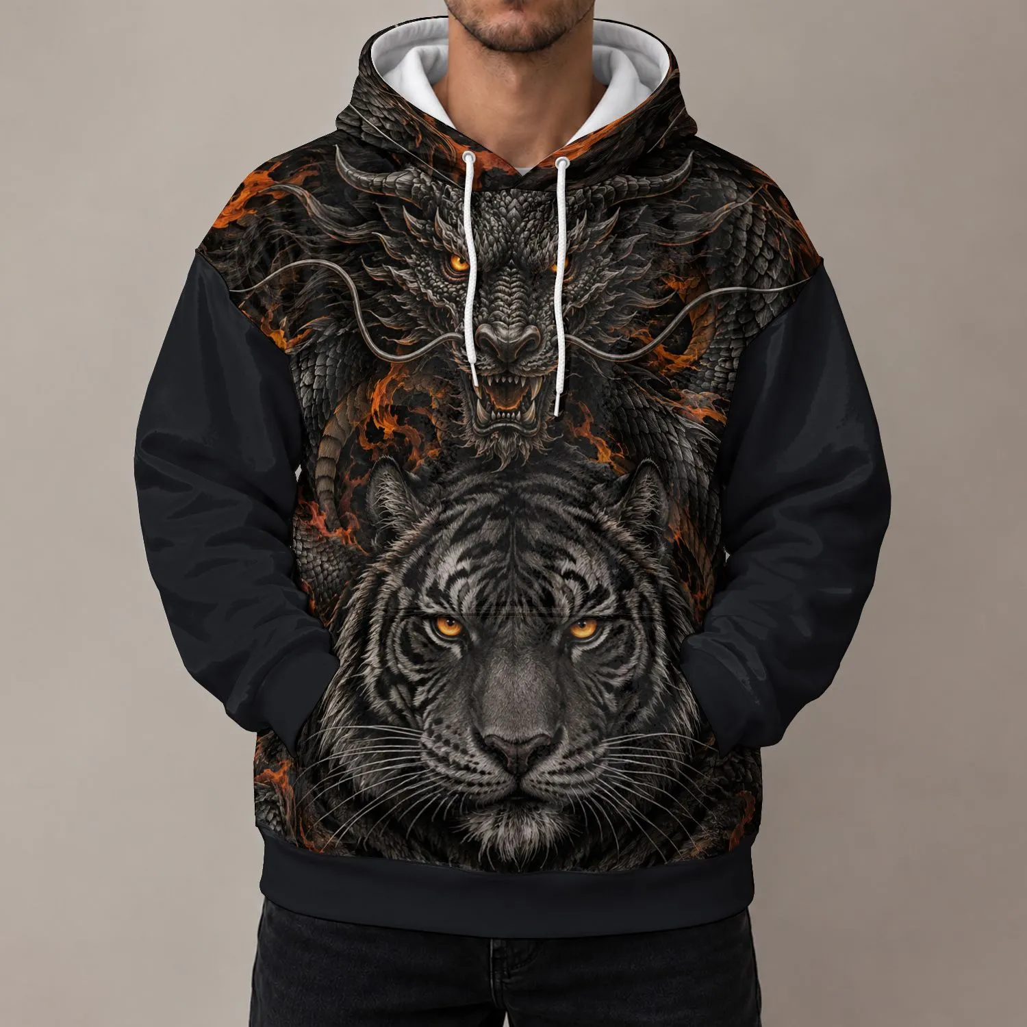 Dark Dragon And Tiger Kings For Halloween Nights And Bold Fantasy Fans Who Love Mythic Battles All-over Print Hoodie (Lightweight) - 1