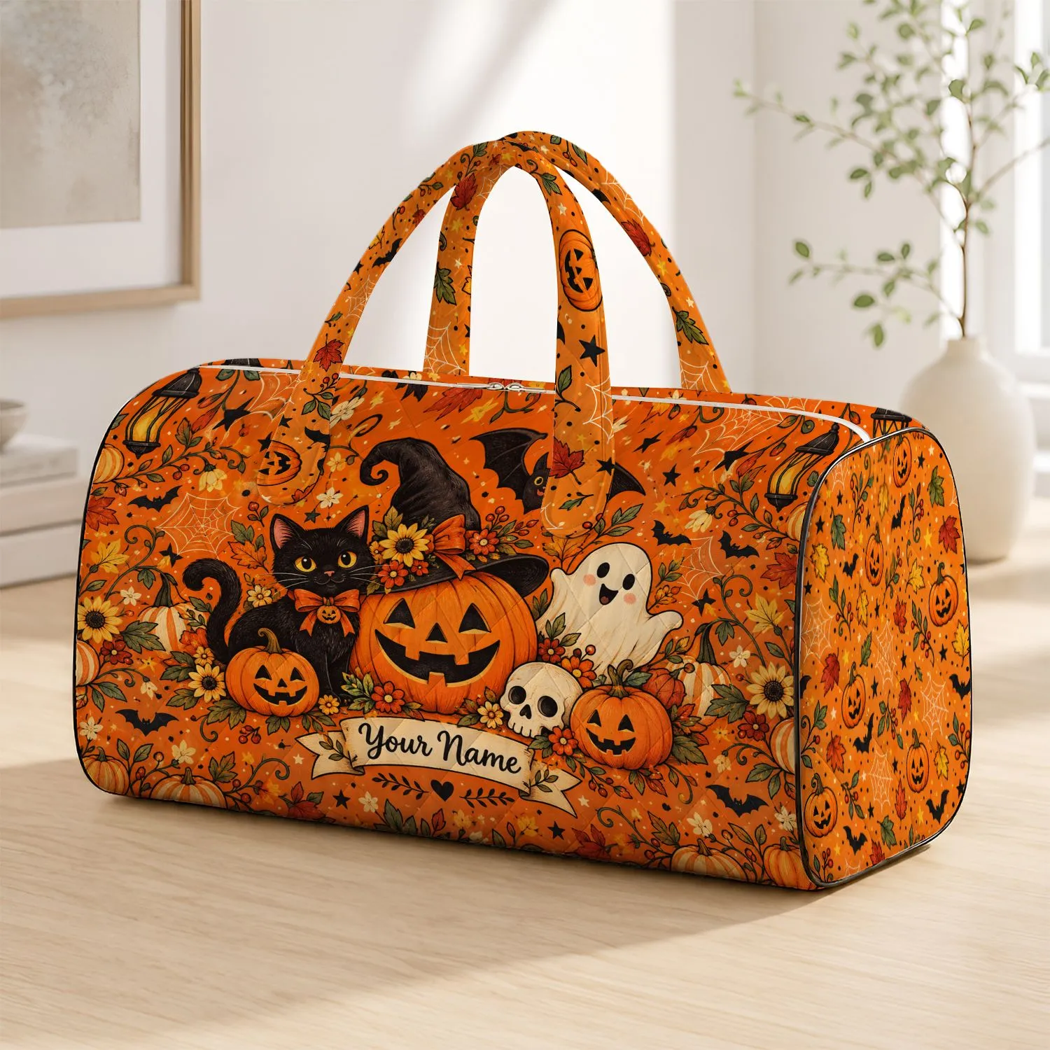 Cute Halloween Pumpkins, Ghosts and Cats for Spooky Autumn Getaways and Fall Adventures Quilted Weekend Bag - 1