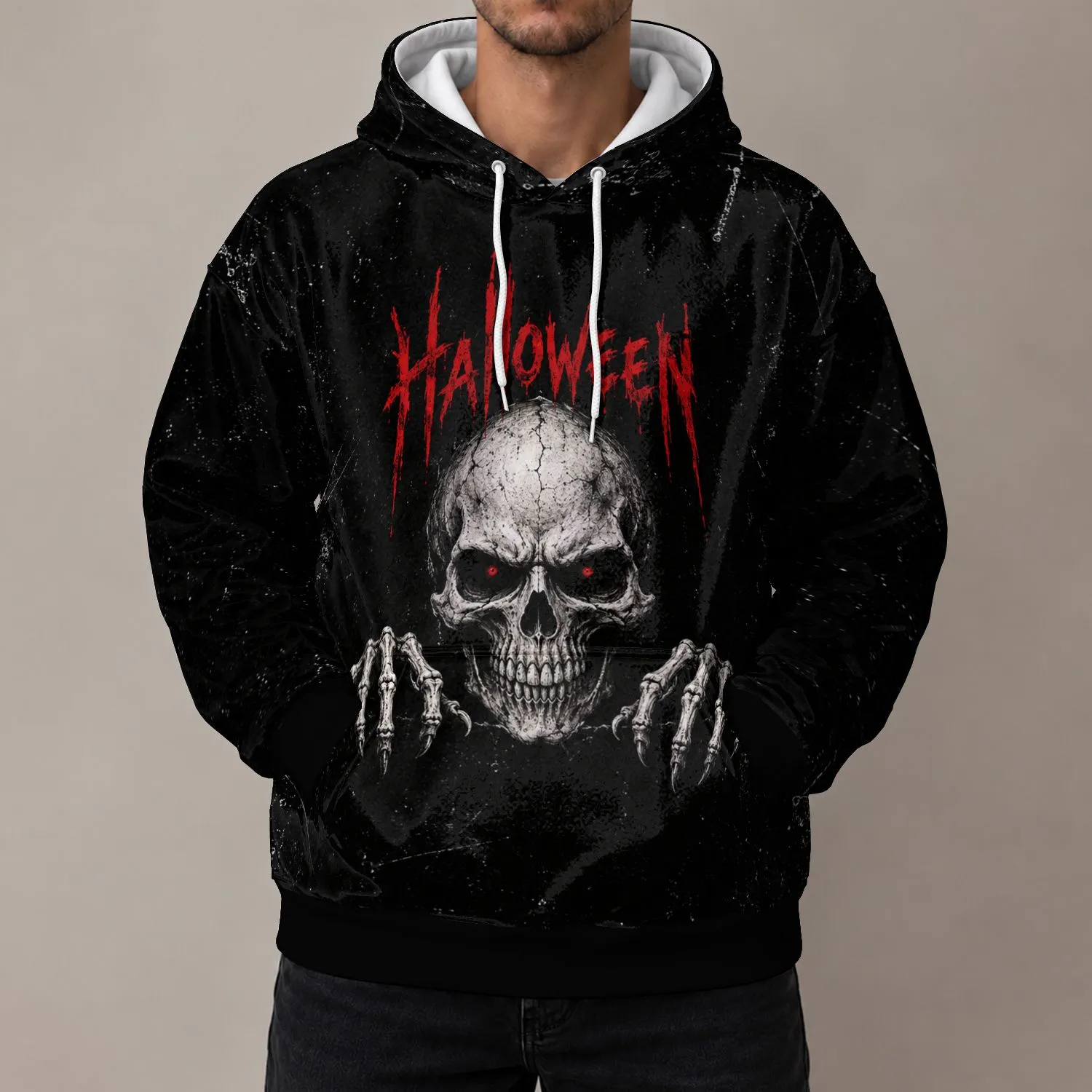 Scarlet-Eyed Skull with Skeletal Hands for Halloween Night and Gothic Casual Style All-over Print Hoodie (Lightweight) - 1