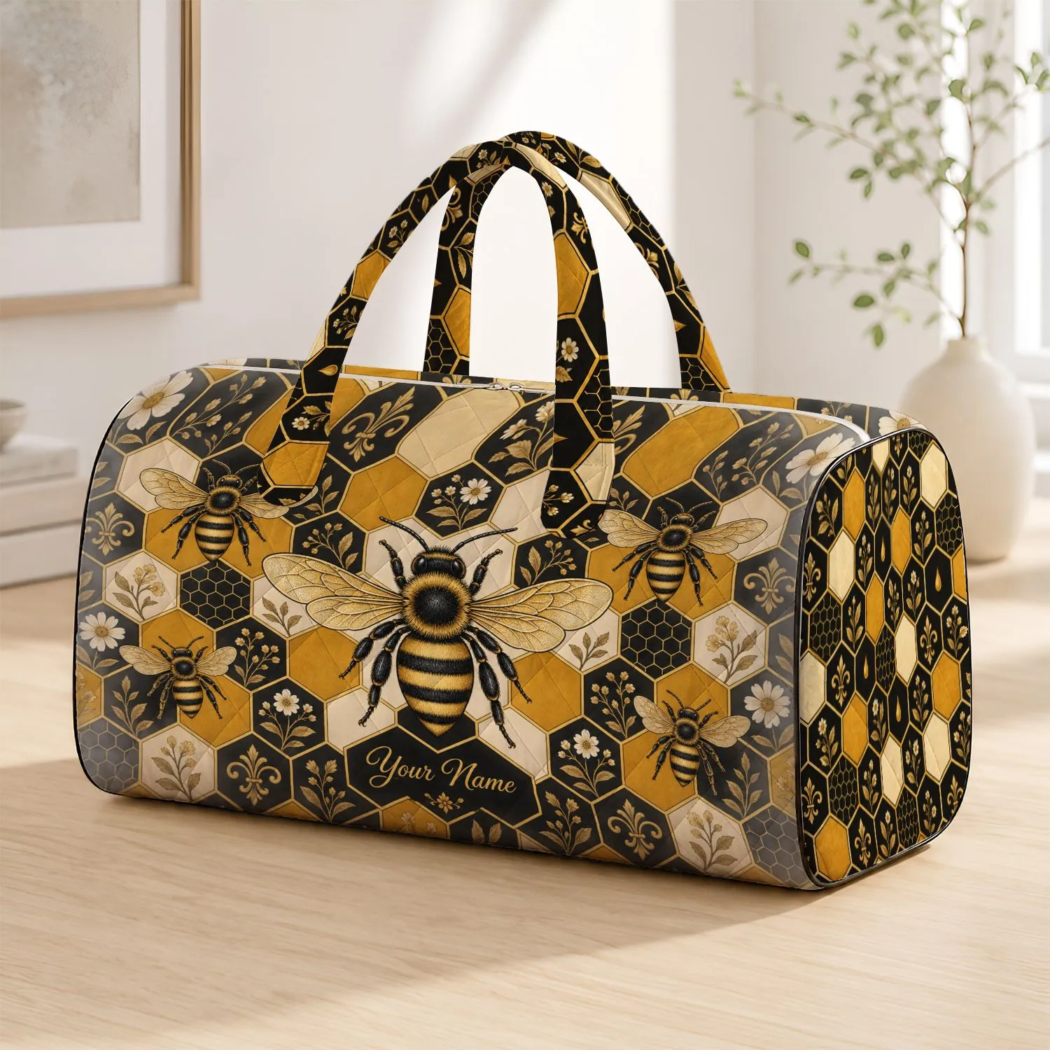 Golden Honeycomb Bees for Weekend Travel, Garden Getaways, and Nature Loving Women Quilted Weekend Bag - 1