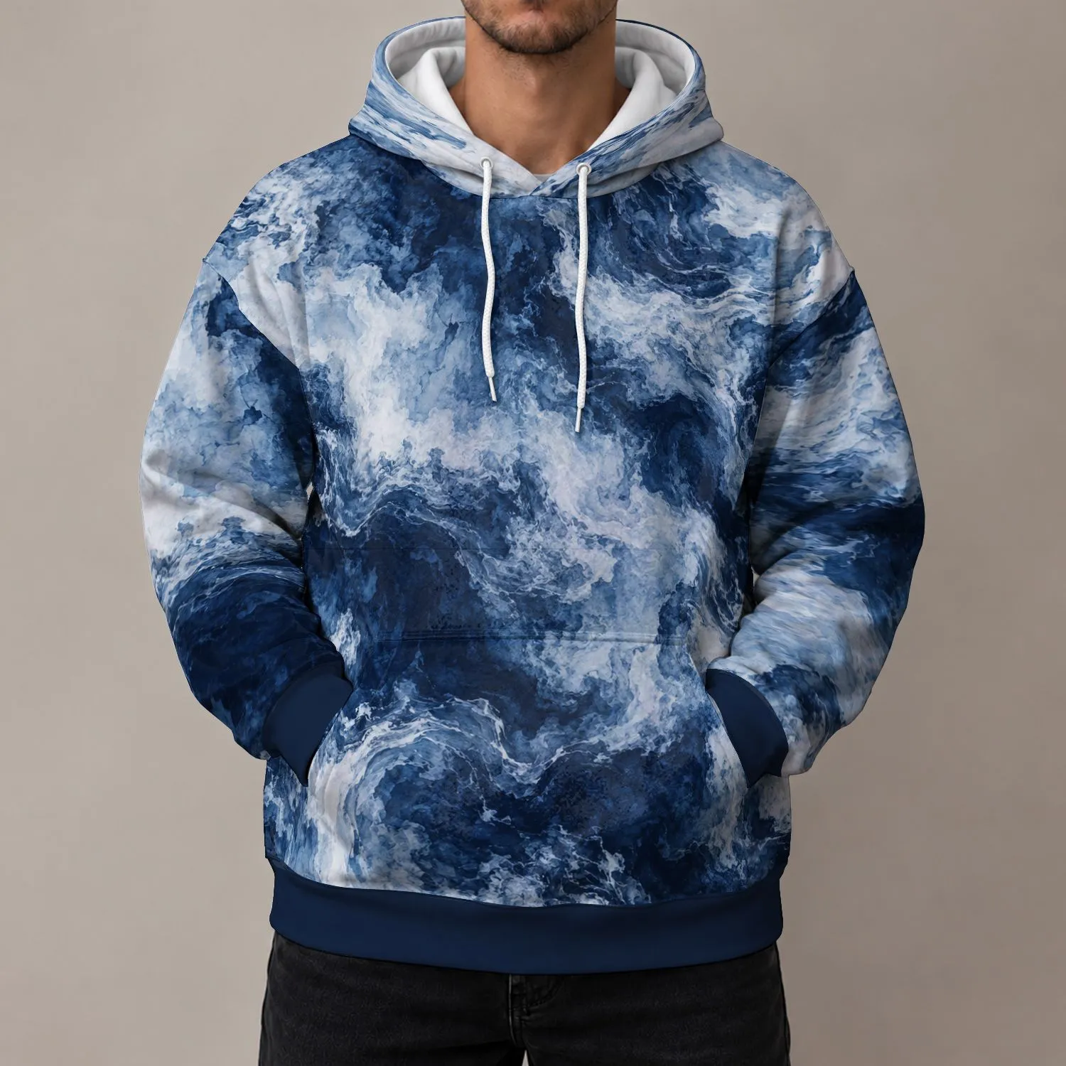 Navy And White Cloud Marbling For Relaxed Weekend Wear And Everyday Casual Style All-over Print Hoodie (Lightweight) - 1