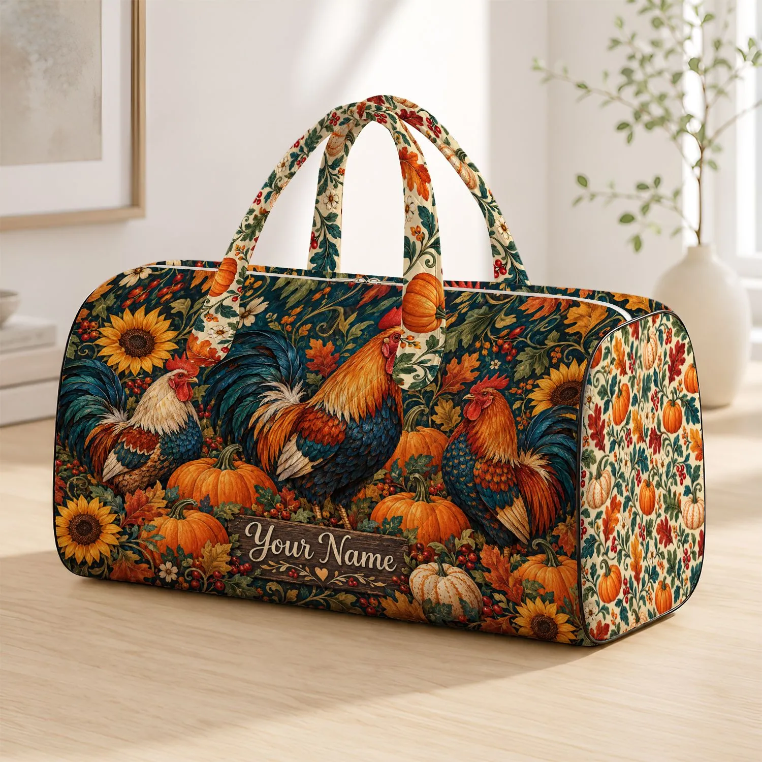 Harvest Rooster and Pumpkin Autumn Gathering for Thanksgiving Farmhouse Country Style Quilted Weekend Bag - 1
