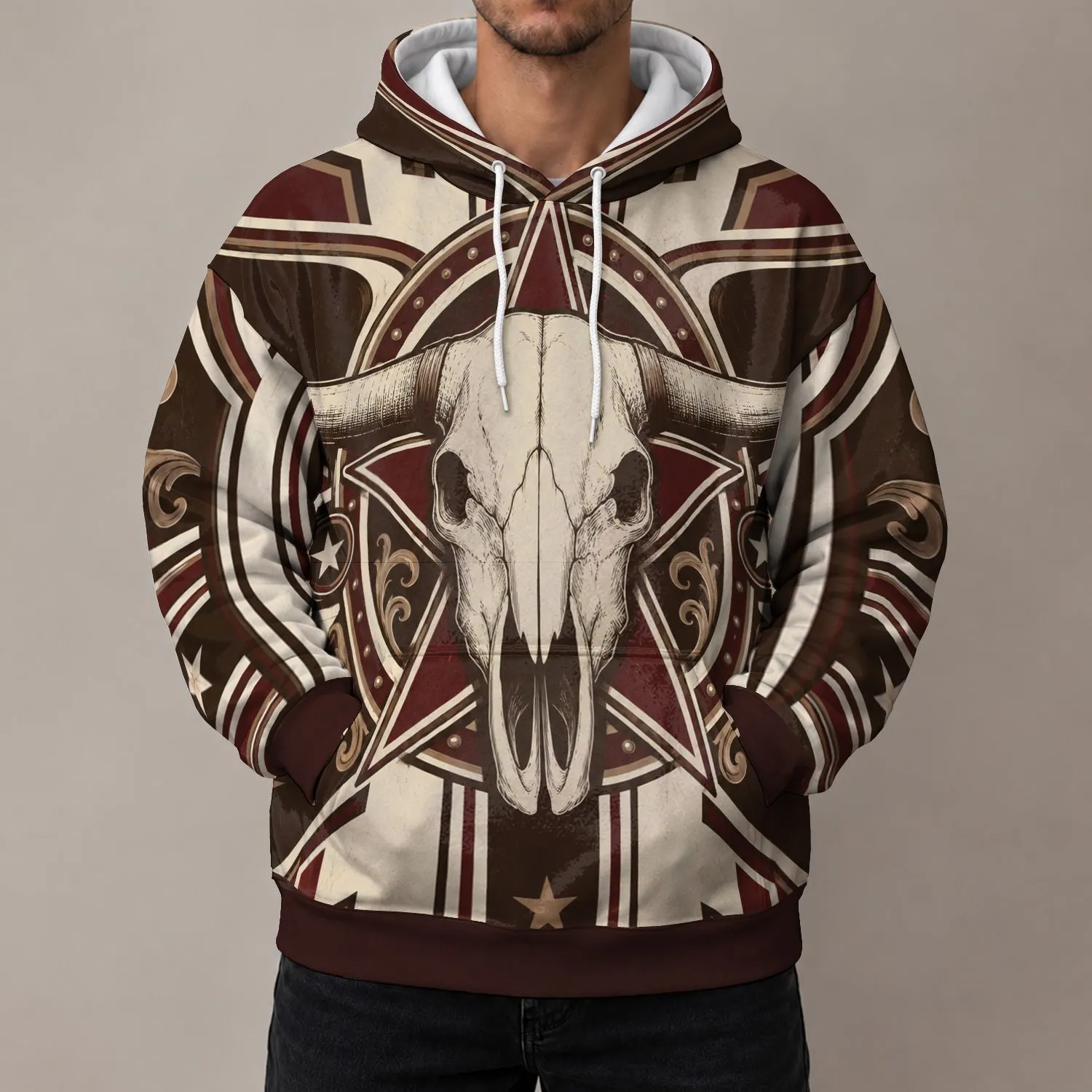 Engraved Bull Skull And Western Stars For Rodeo Nights And Everyday Western Style All-over Print Hoodie (Lightweight) - 1