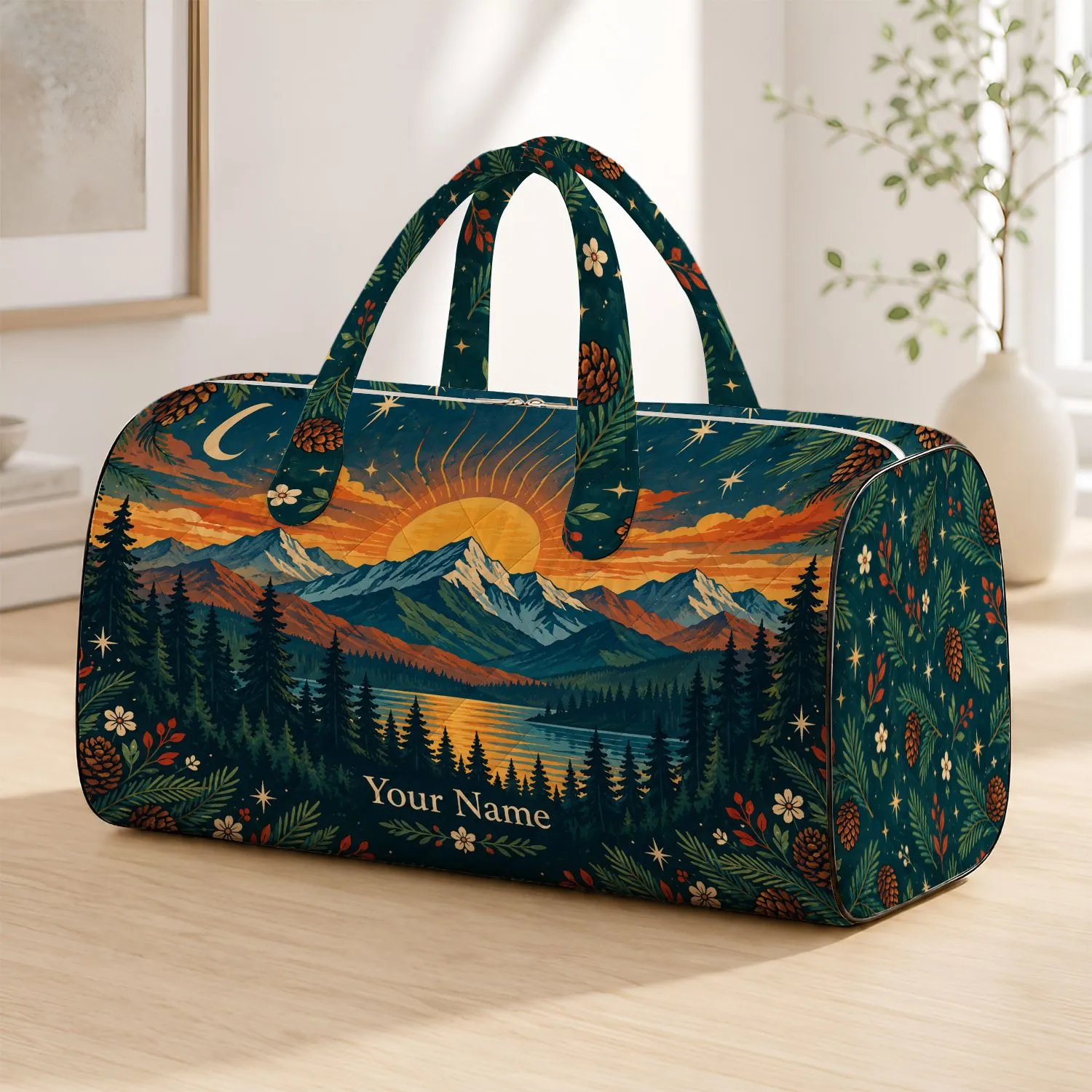 Sunset Mountain Pine Forest Scenery for Camping Trips and Weekend Outdoor Escapes Quilted Weekend Bag - 1