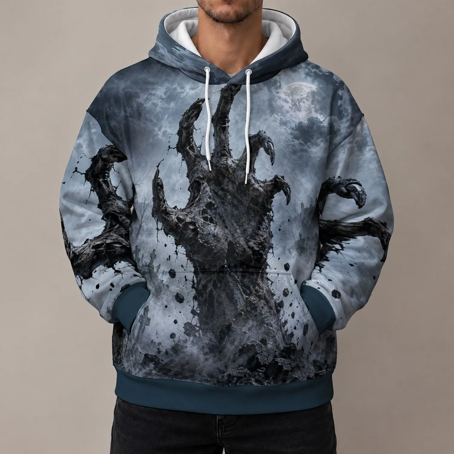 Foggy Graveyard And Reaching Undead Hand For Eerie Halloween Nights And Dark Style All-over Print Hoodie (Lightweight) - 1