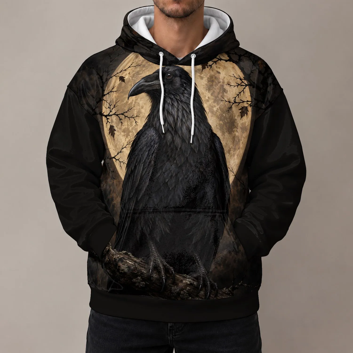 Midnight Raven Beneath a Harvest Moon for Halloween Nights and Gothic Nature Enthusiasts All-over Print Hoodie (Lightweight) - 1