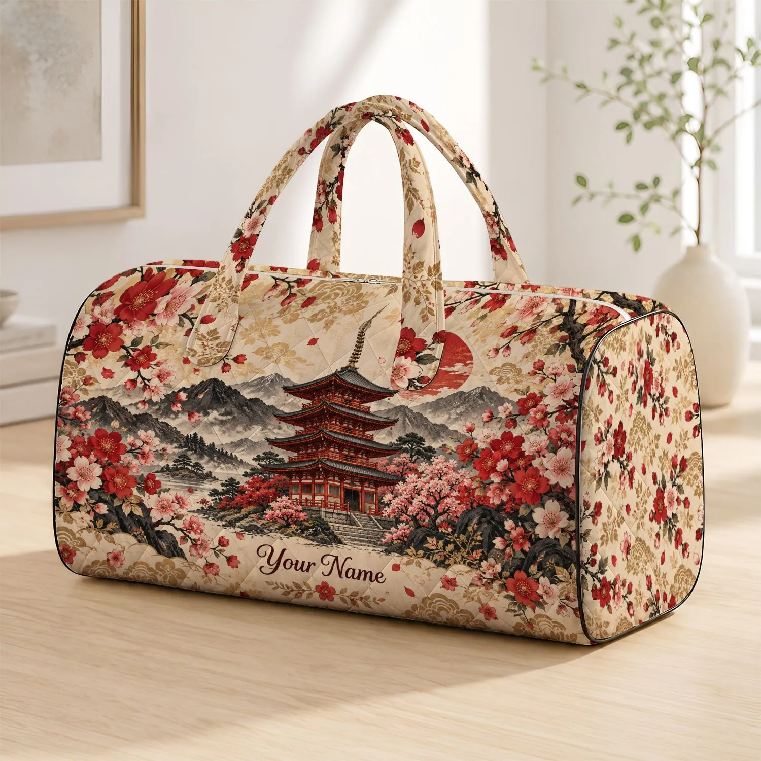 Japanese Pagoda and Cherry Blossoms for Scenic Spring Travel and Cultural Getaways Quilted Weekend Bag - 1