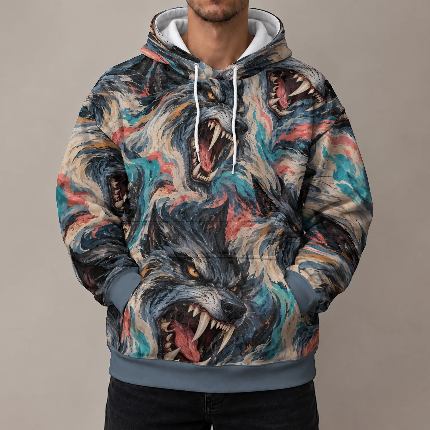 Snarling Fantasy Wolf Faces For Outdoor Adventures And Everyday Bold Style All-over Print Hoodie (Lightweight) - 1