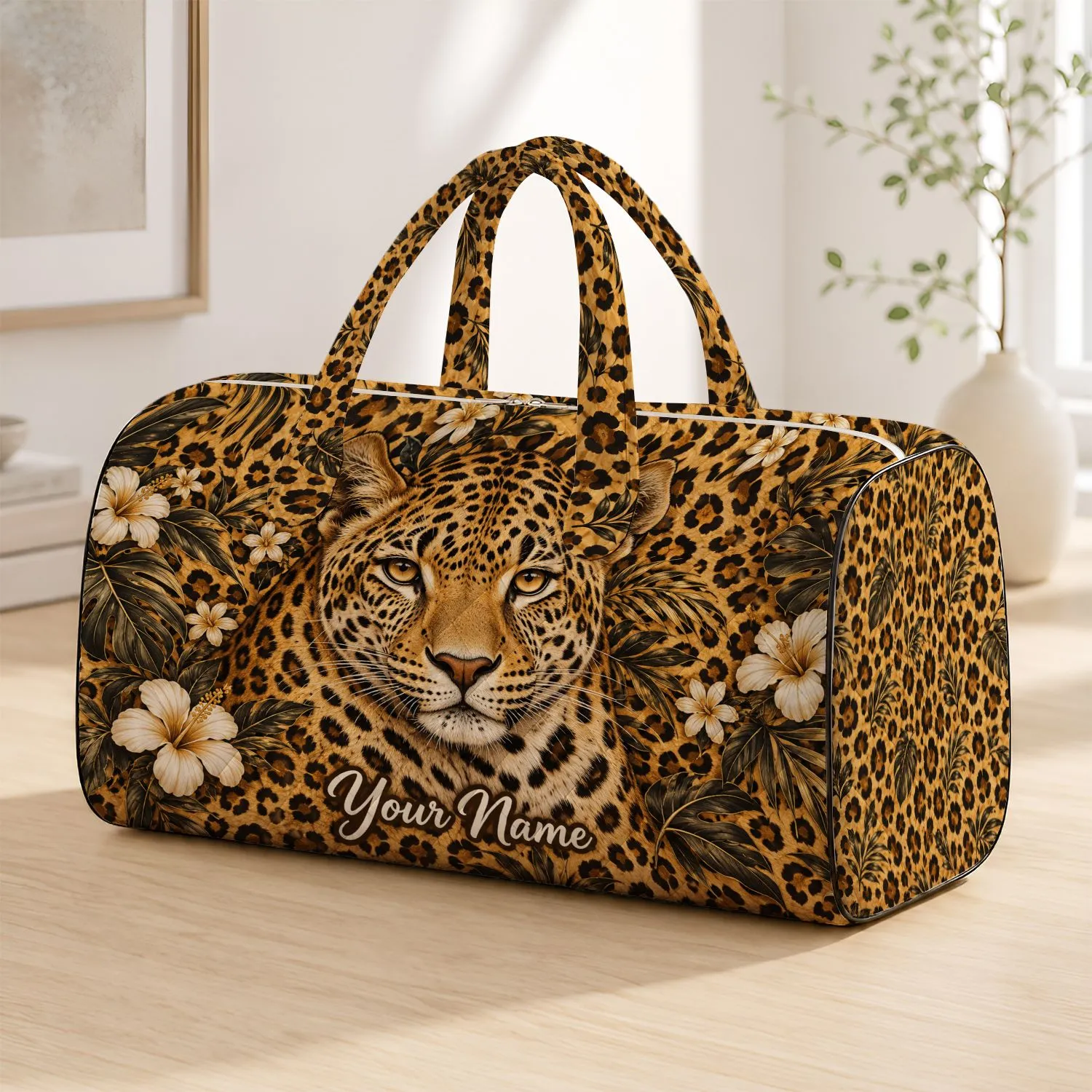 Golden Leopard Portrait And Safari Spots For Tropical Getaways And Weekend Escapes Quilted Weekend Bag - 1