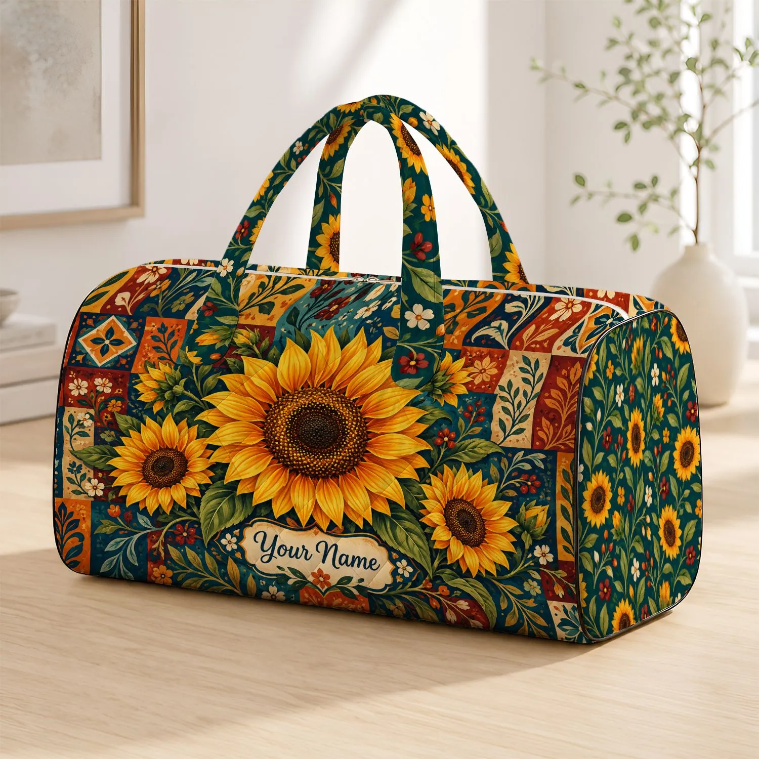 Golden Sunflower Folk Florals for Cheerful Weekend Getaways and Summer Travel Quilted Weekend Bag - 1