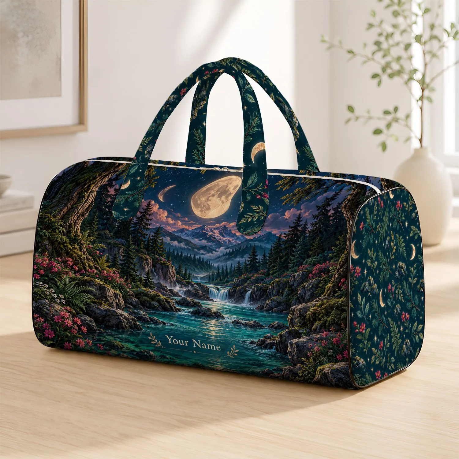 Moonlit Enchanted Forest with River for Whimsical Weekend Escapes and Nature Lovers Quilted Weekend Bag - 1