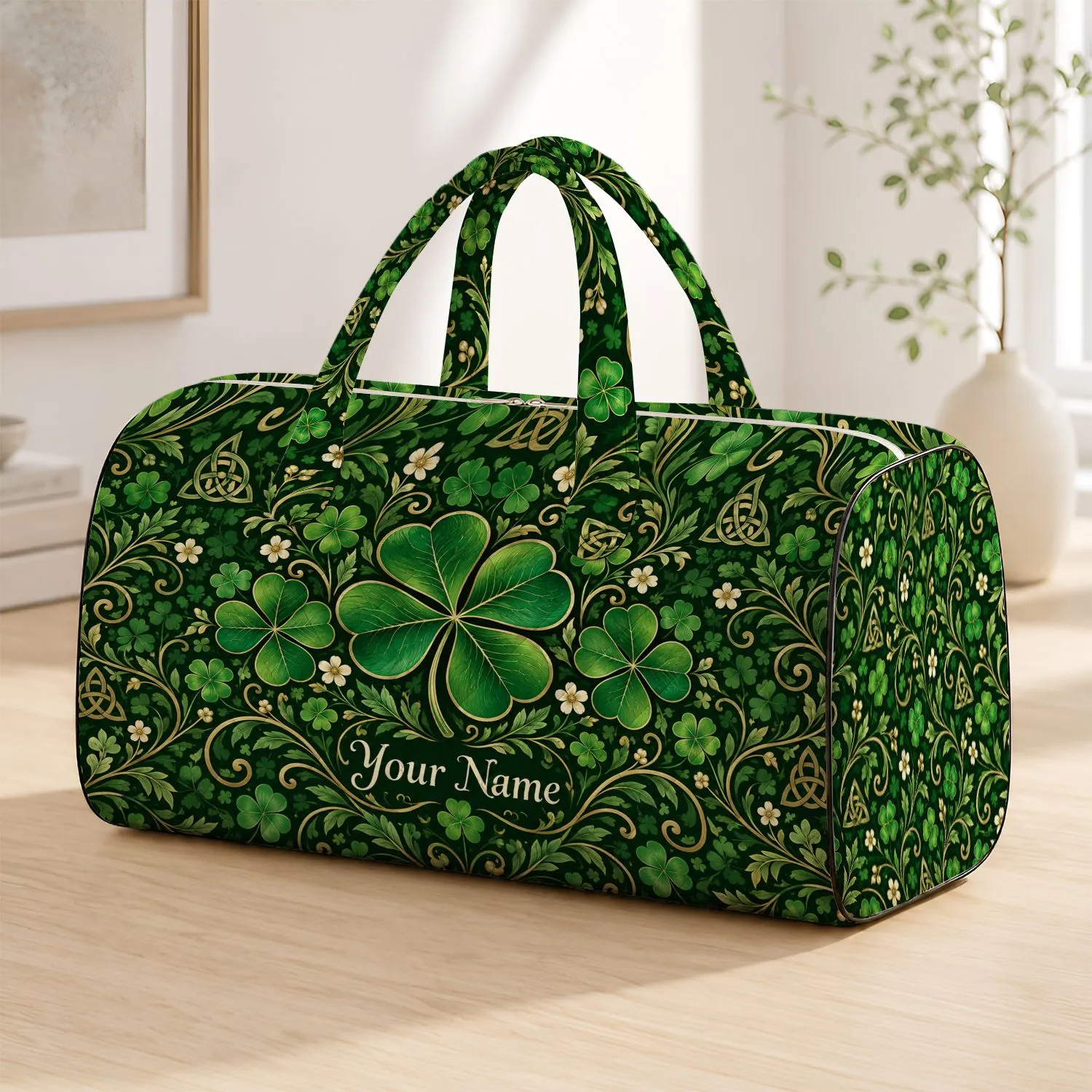 Vintage Four Leaf Clover Motifs for St Patrick’s Day Travel and Everyday Carry Quilted Weekend Bag - 1