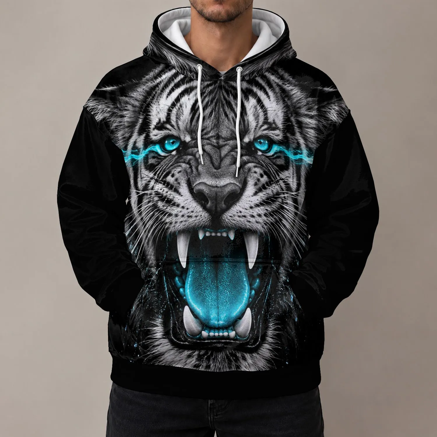 Roaring Turquoise-Eyed Tiger Portrait for Bold Casual Style and Everyday Wildlife Fans All-over Print Hoodie (Lightweight) - 1