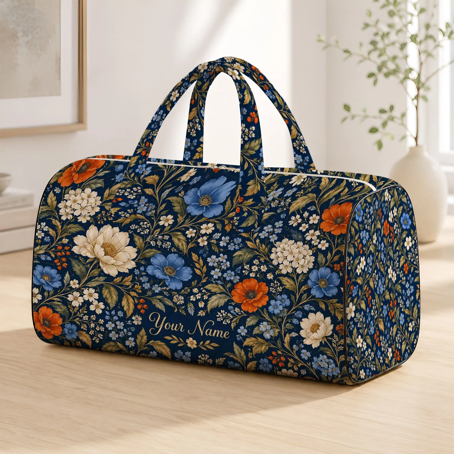 Vintage Navy Wildflower Florals for Weekend Getaways and Everyday Travel Lovers Quilted Weekend Bag - 1