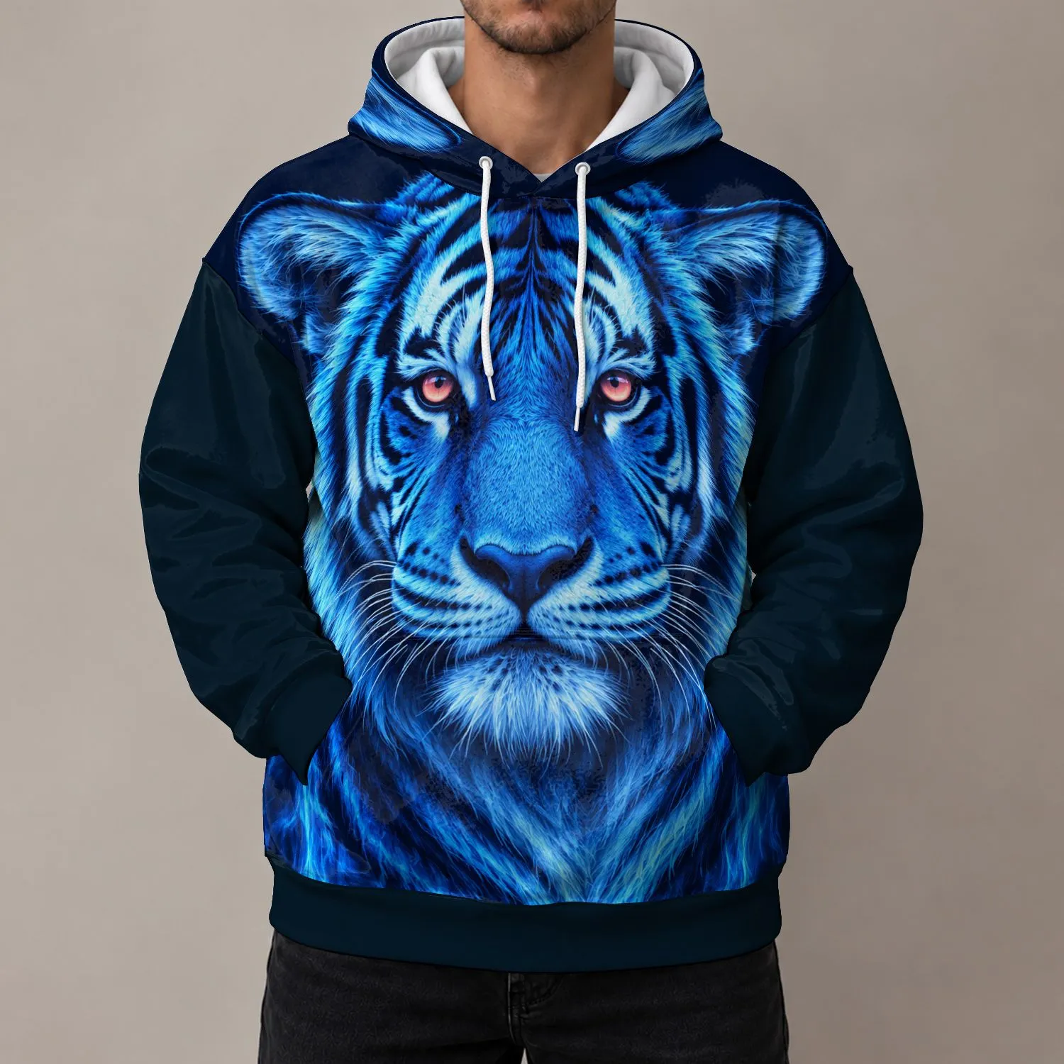 Electric Blue Tiger Portrait for Bold Everyday Style and Nature-Loving Men All-over Print Hoodie (Lightweight) - 1