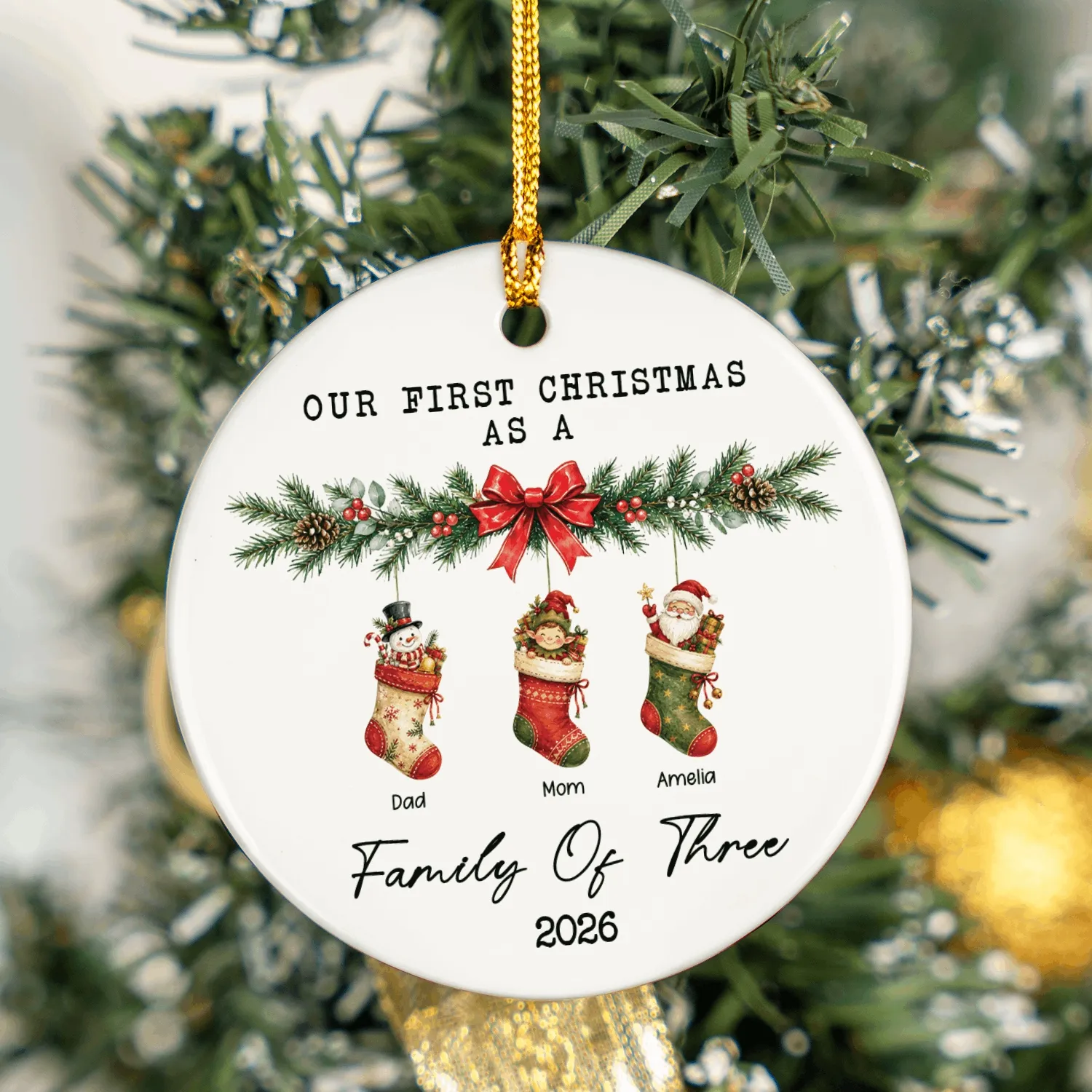 Personalized First Christmas Ornament – Custom Family Names Stockings Ceramic Keepsake, Christmas Gift - 1