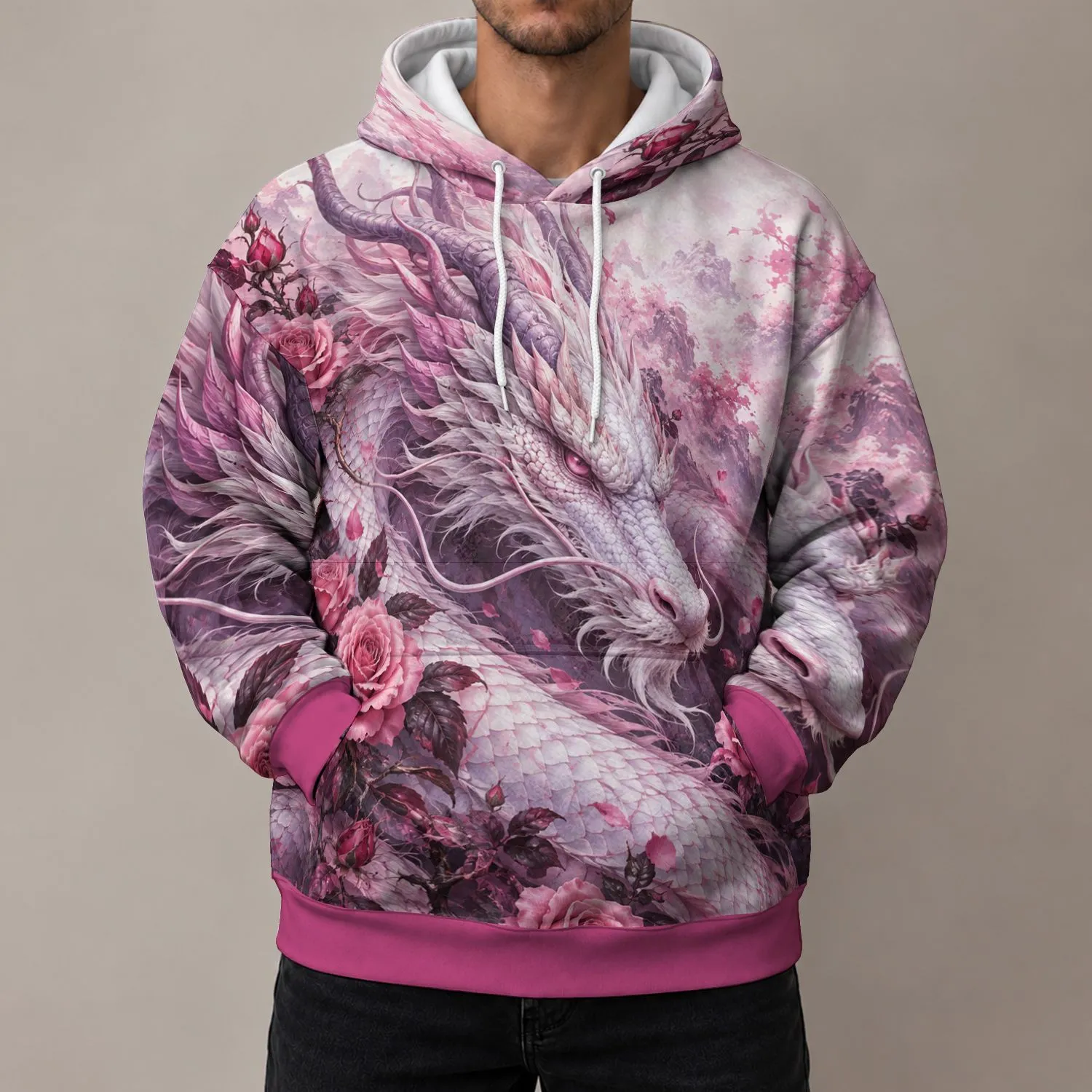Lavender Dragon And Pink Roses For Elegant Everyday Layering And Fantasy Lovers All-over Print Hoodie (Lightweight) - 1