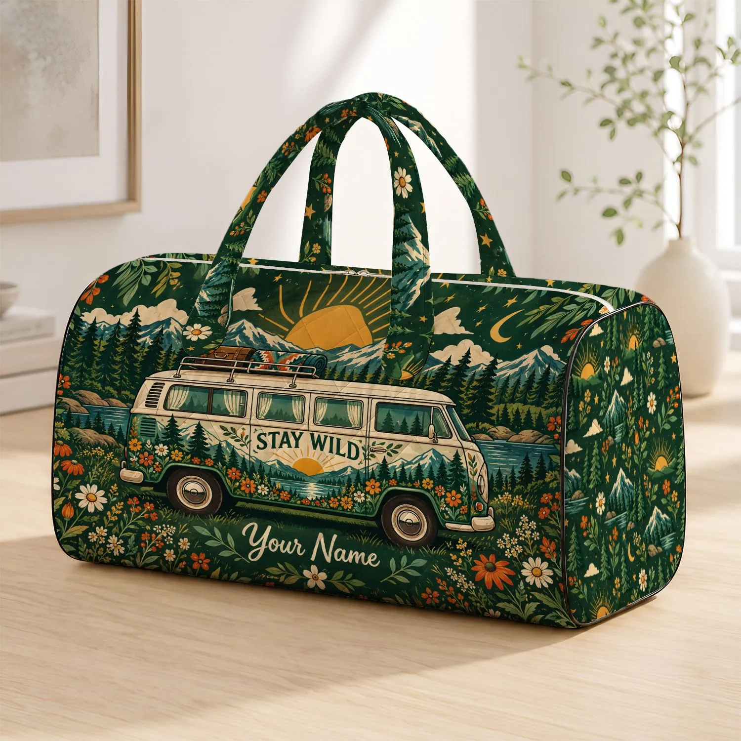Retro Camper Van Wildflower Sunset Adventure for Free-Spirited Camping Travelers Quilted Weekend Bag - 1