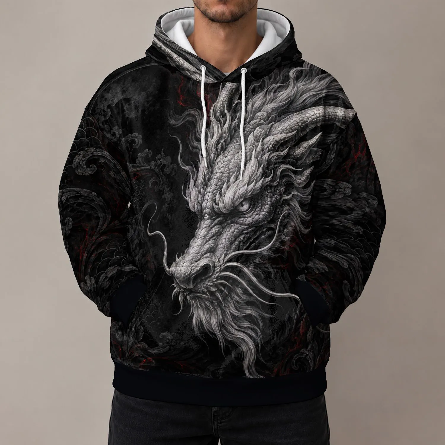 Silver Dragon Head for Bold Everyday Adventures, Night Out Style and Fantasy Fans All-over Print Hoodie (Lightweight) - 1